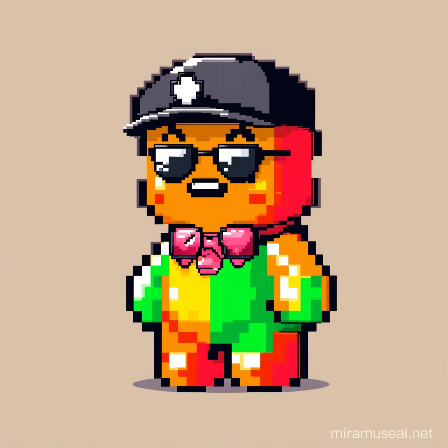 Funny and raandom colored 8 Bit solo gummy bear Mascot for Crypto Meme Token. Random accessories like cap or sunglasses or joint