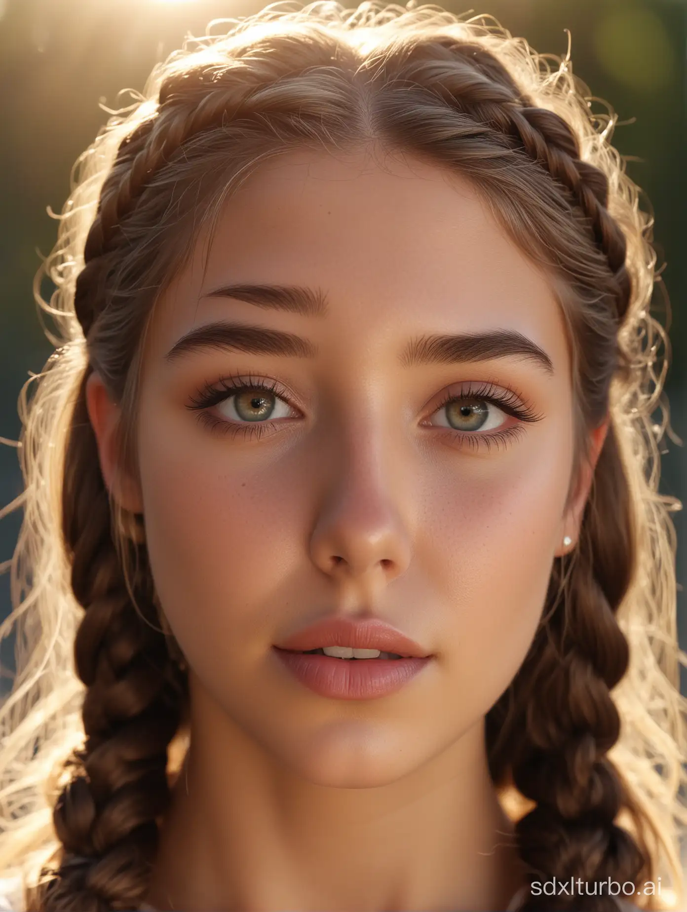 4K, highly realistic detailed professional photograph portrait of a stunningly beautiful teen girl, gorgeous eyes, cute nose, full lips, perfect teeth, crown braids, high cheek bones, radiant hair backlit by the sun
