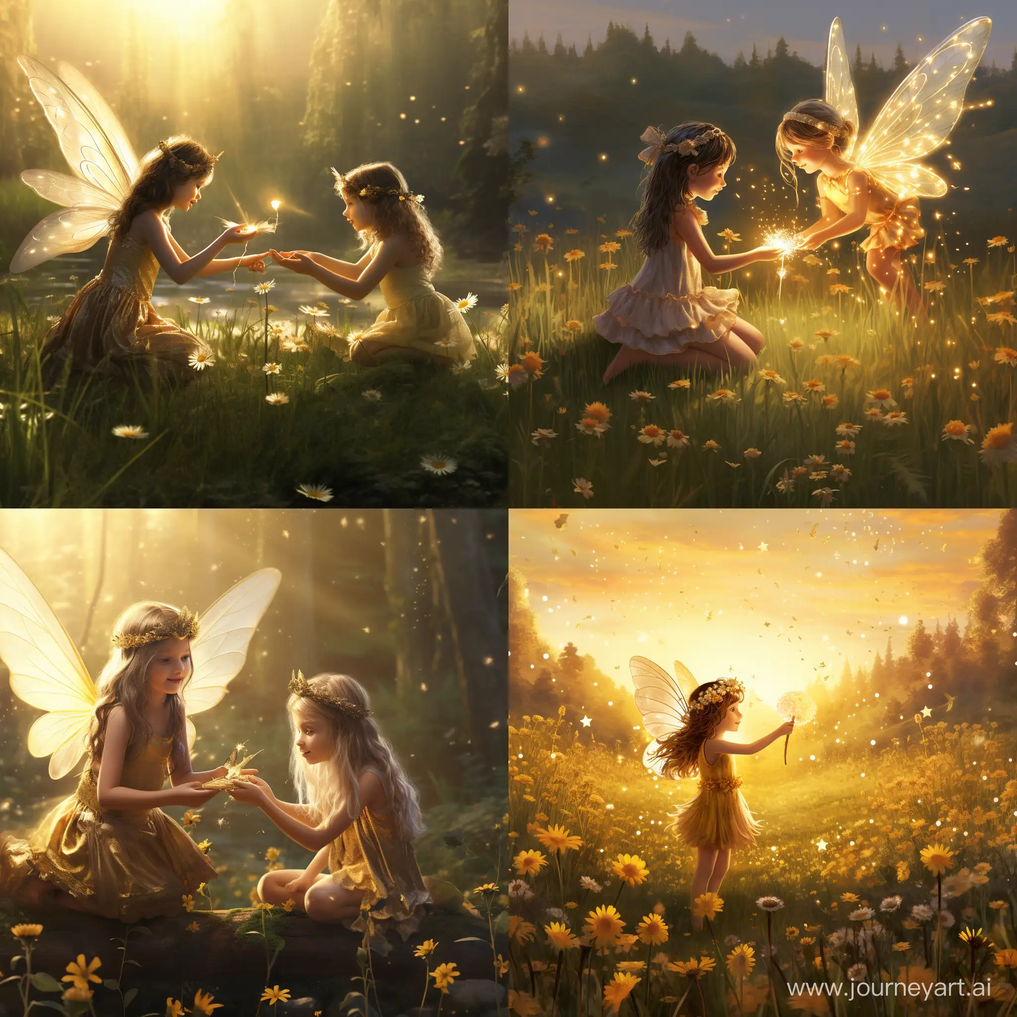 Illustration: A whimsical scene of Sparkle, the little fairy, receiving a golden invitation in the sunny Enchanted Meadow.