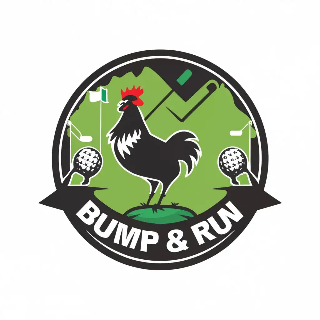 logo, Black and green rooster with crossing golf blubs and mountains in background, with the text "Bump & Run", typography, be used in Legal industry