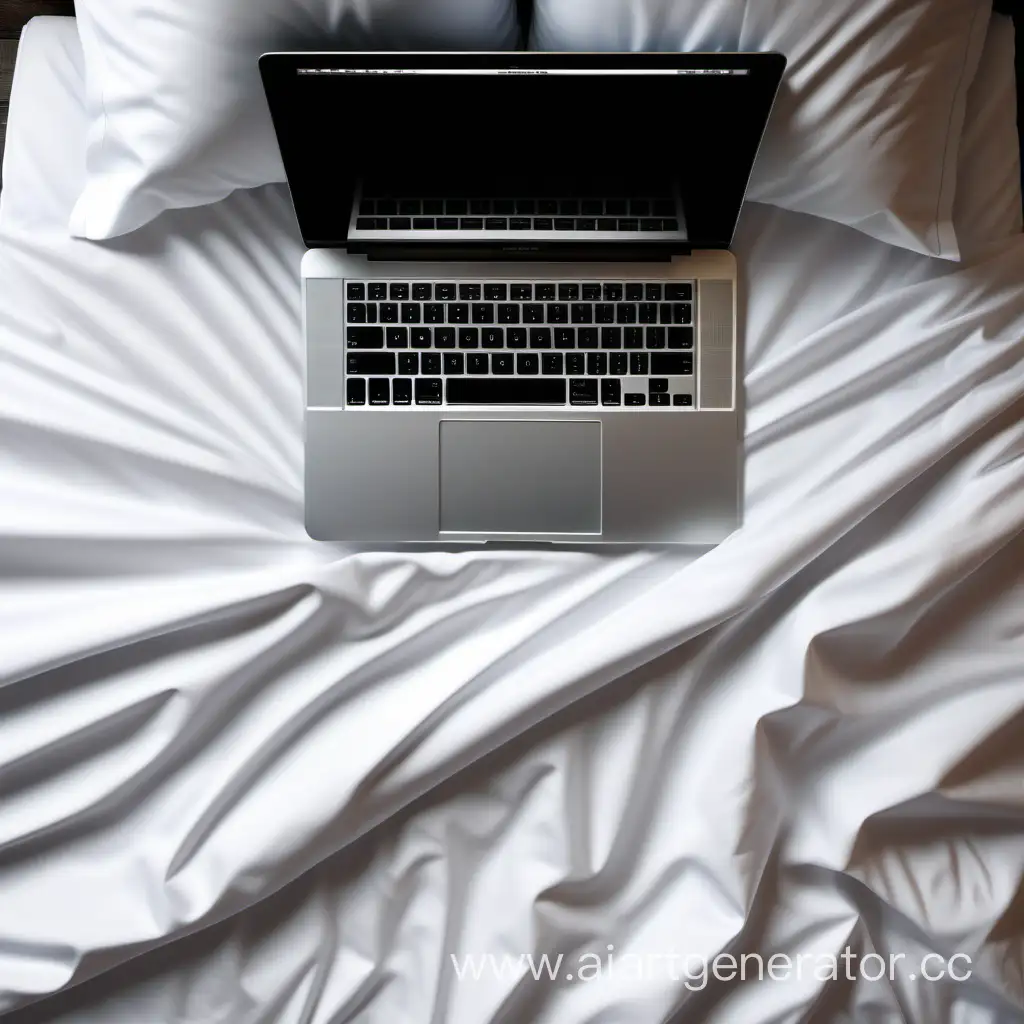Minimalist-Workspace-Silver-MacBook-on-White-Bed-Sheets