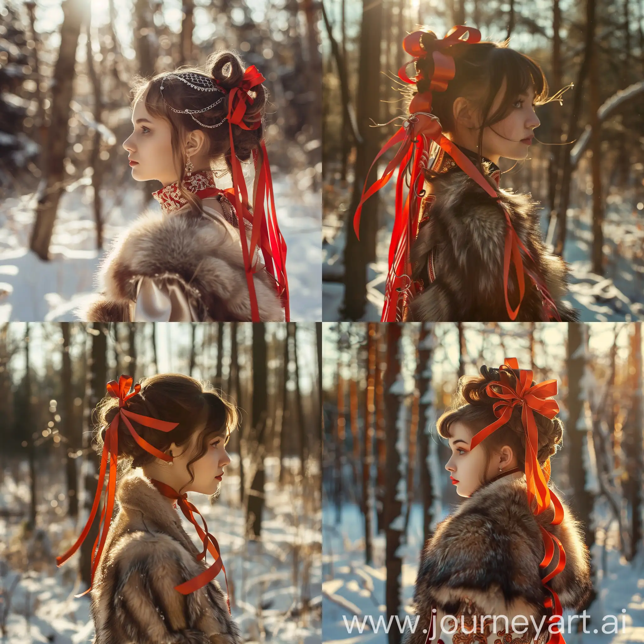 Девушка в красивом кокошнике с атласными крастными лентами в волосах, в шубке , на фоне зимнего леса, солнечно.