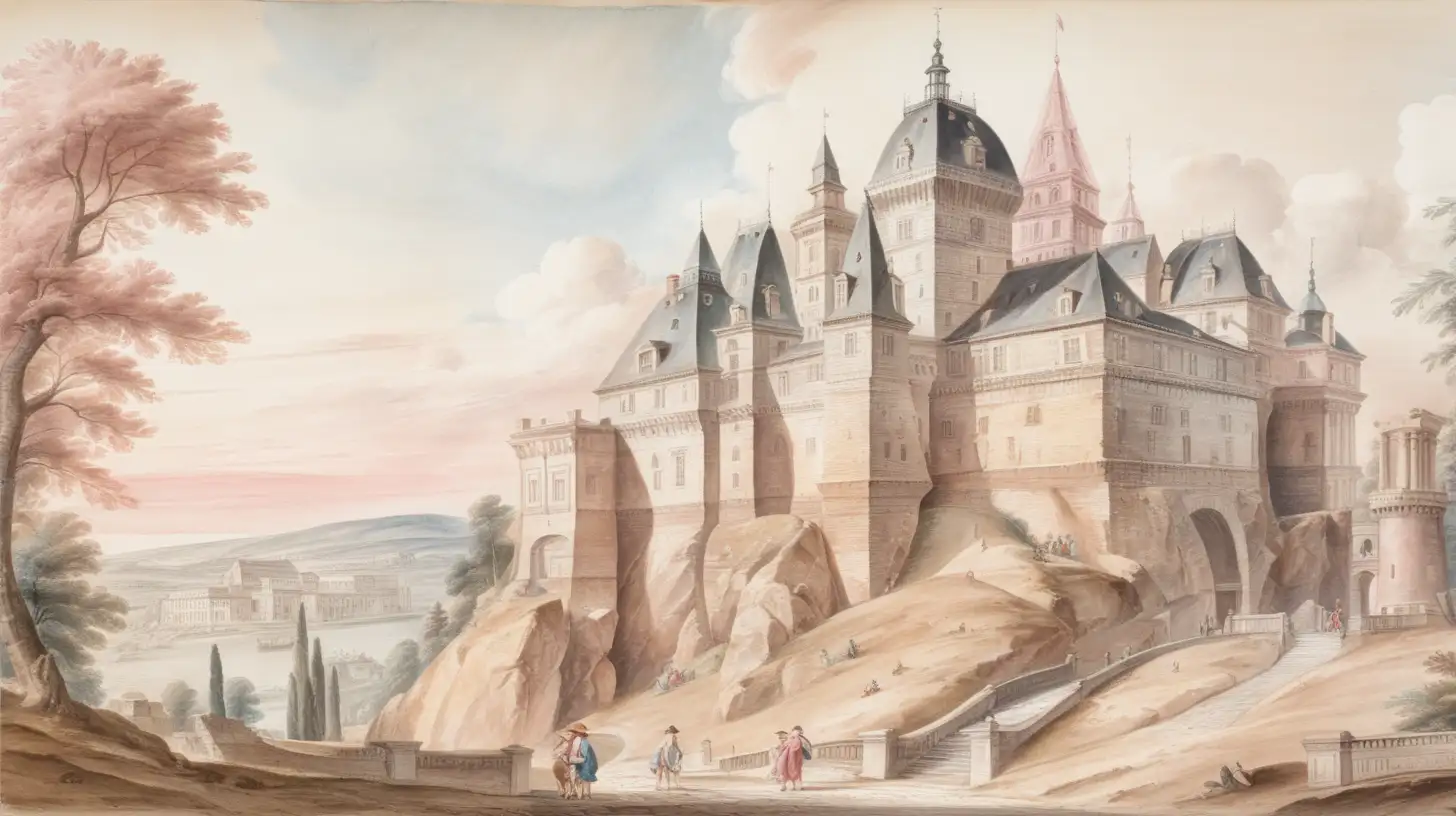 akvarel, snový, pastelové odstíny (béžová, světle růžová), dominanta je zámek, který má jasné odstíny a kontury, barvy jsou pestré,výrazné. Stavba zámku nemá žádné deformace a chyby ve stavbě. V dálce krajina ve stejných barevných tonech, jednoduché kopce, cestička k zámku, dětská kresba,ve stylu Giovanni Battista Piranesi (1720–1778)
