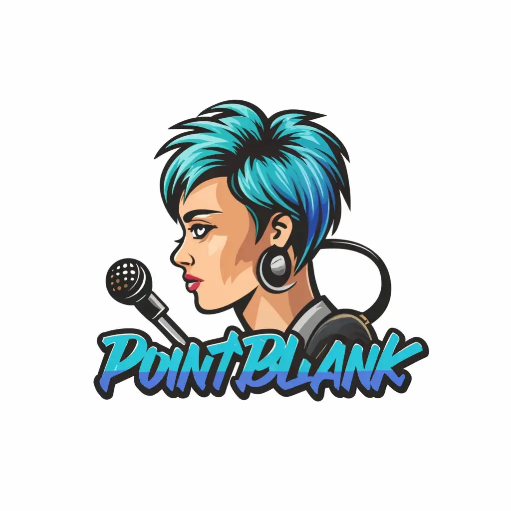 a logo design,with the text "Point blank", main symbol:Girl with short blue hair mouth talking into microphone writing graffiti ,complex,be used in Entertainment industry,clear background