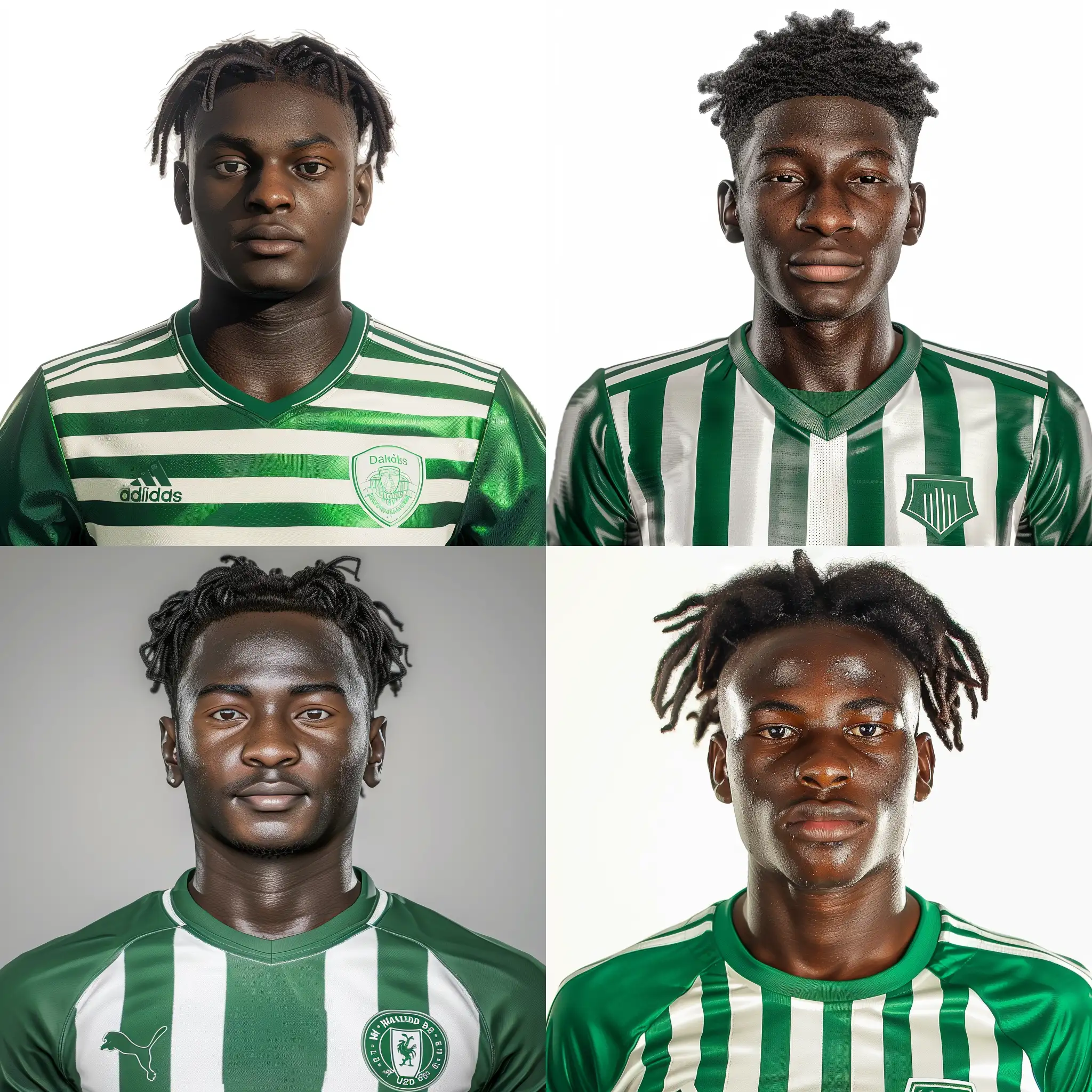 Ultra Realistic team profile photo of 18 year old football player for Waltham Abbey Football Club. Green white striped football jersey. The person is Of carribbean origin bit born in London. picture from a facepack from Football Manager 23.