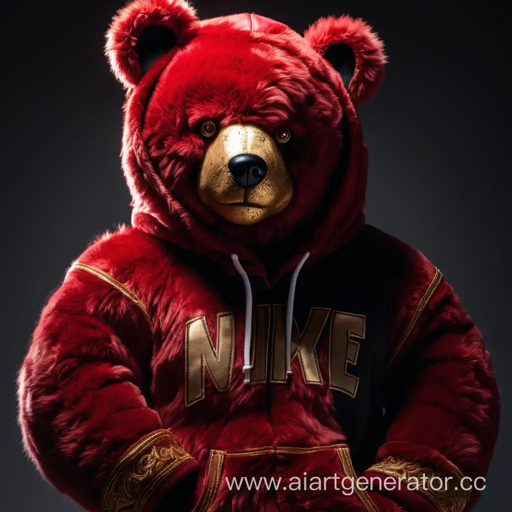 Scary, terrifying, ultra realistic, extremely detailed, 7 foot tall red teddy bear, detailed red bear fur, bright all white eyes, wearing an expensive high Nike black hoodie with gold stitching,  looking at viewer
.
.
Giving off expression as if he was saying "WHAT THE FUCK!"