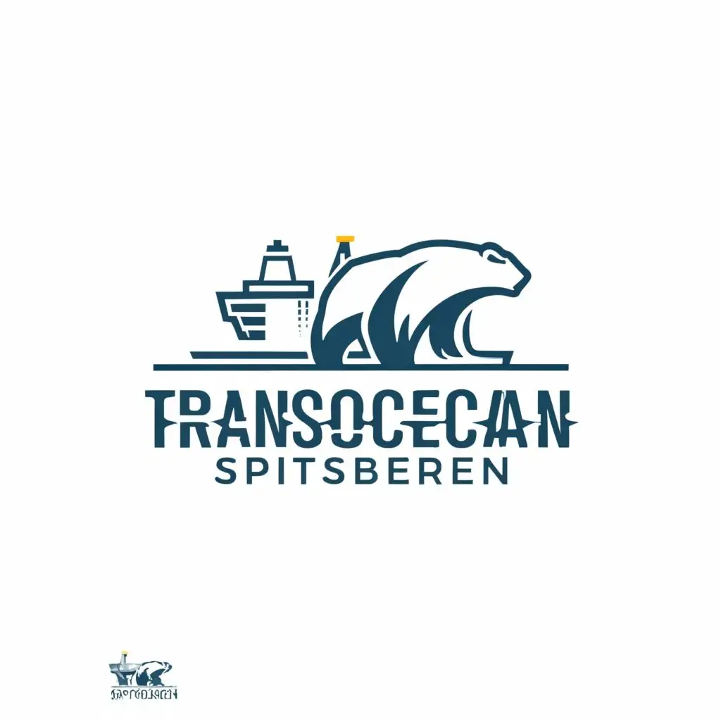 a logo design,with the text "Transocean Spitsbergen", main symbol:offshore drilling rig with a icebear on helideck,Moderate,clear background