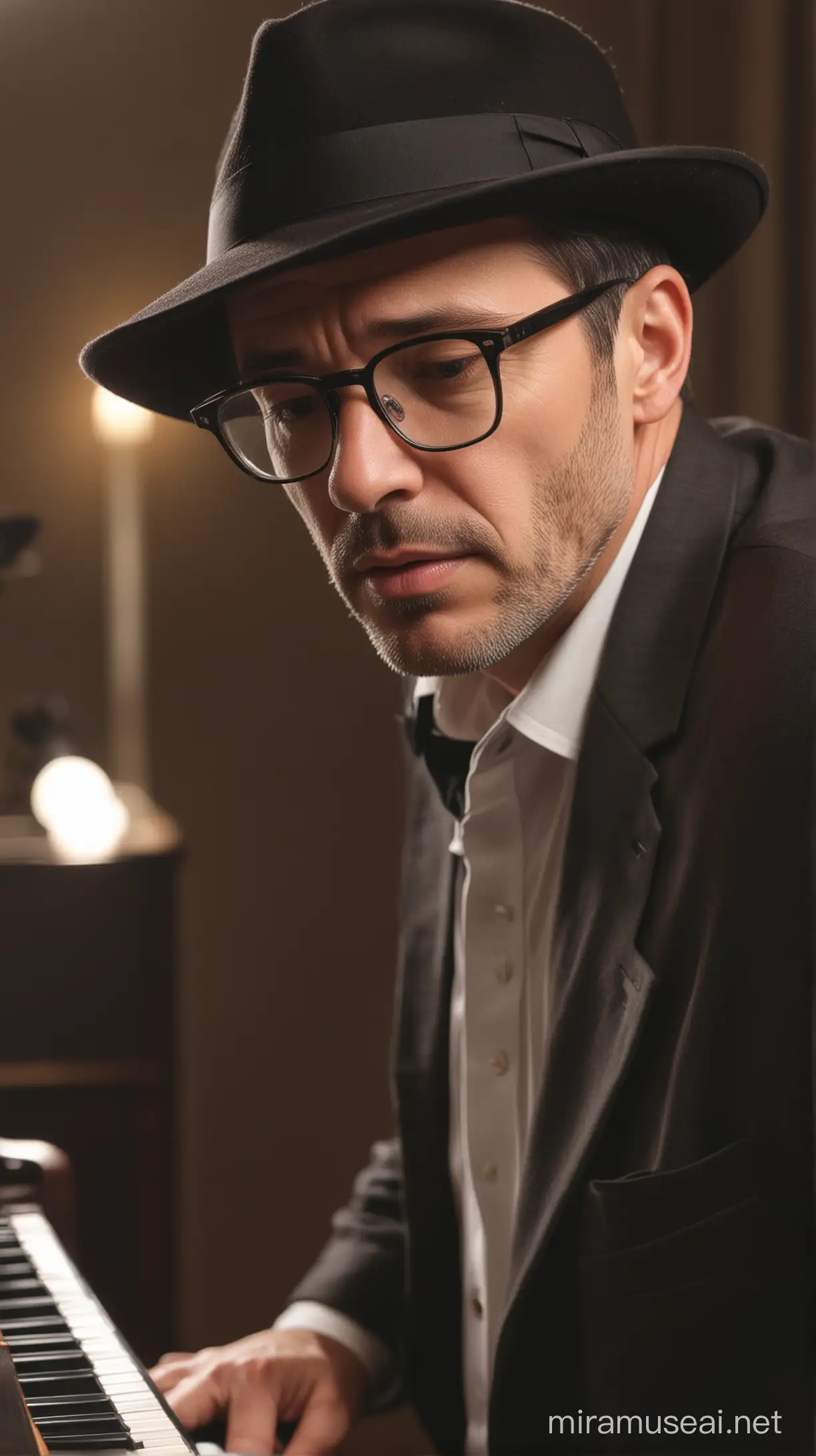 close up 46 year old man, wearing glasses, wearing a fedora hat, playing the grand piano while singing sadly, facing the audience in front.