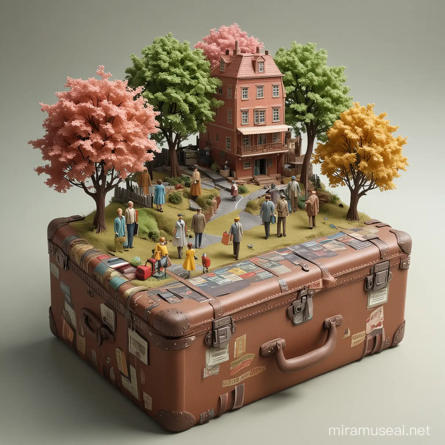 a big realistic suitcase contains humans is made up of paper in a foggy hill station paper shape and colors on the realistic town should look like wonderland, tables made-up of pure chocolate, humans in modern dress, macaroni as trees which are pastel color, town should look realistic and high detailed paper place