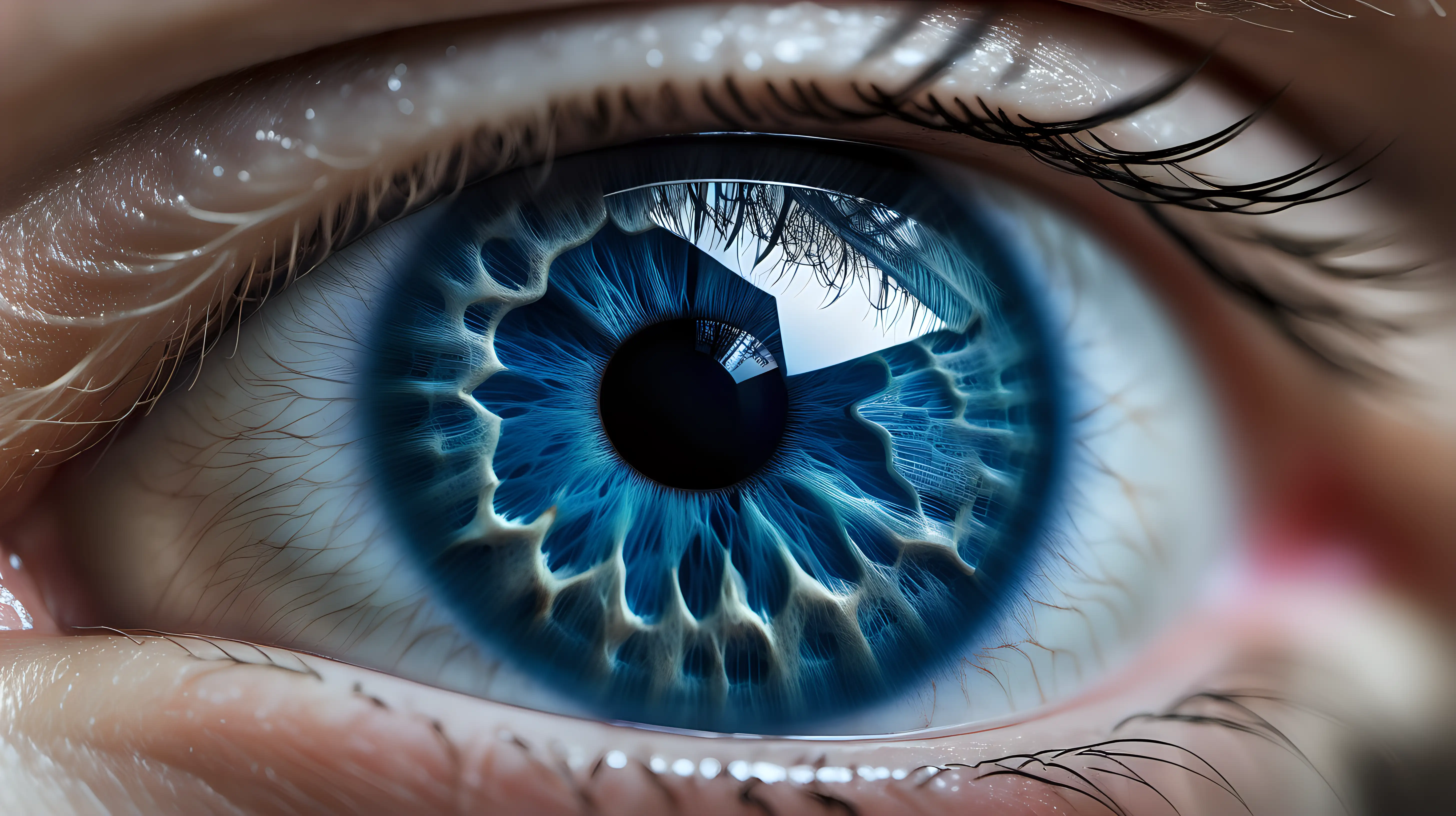 A close-up of a blue eye filling the entire screen. Highly detailed, photographic quality.