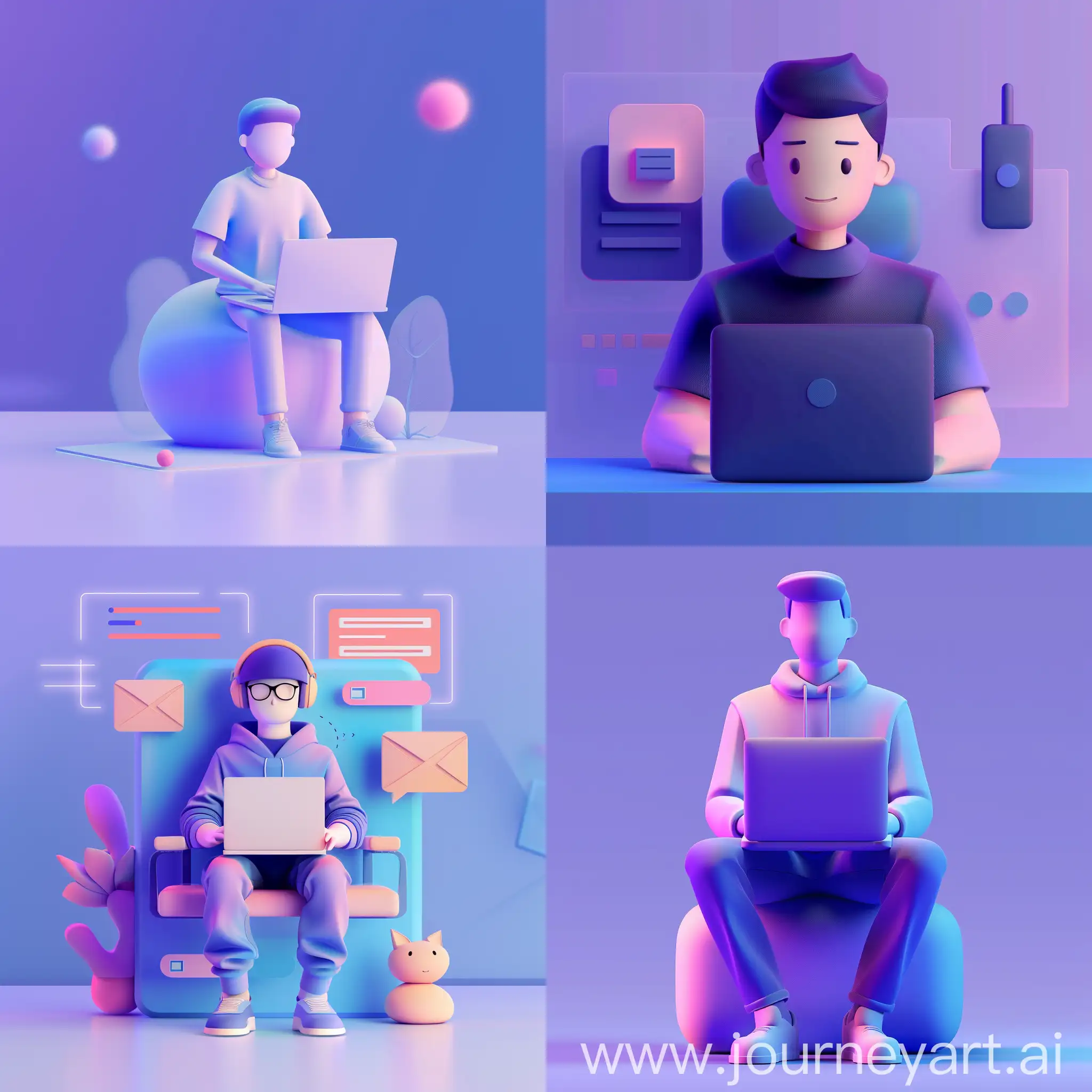 simple 3D ui illustration of a programmer student, in the style of soft lines and shapes.abstract.minimalism. gradient color, midnight blue and purple theme, transparent texture, website header 