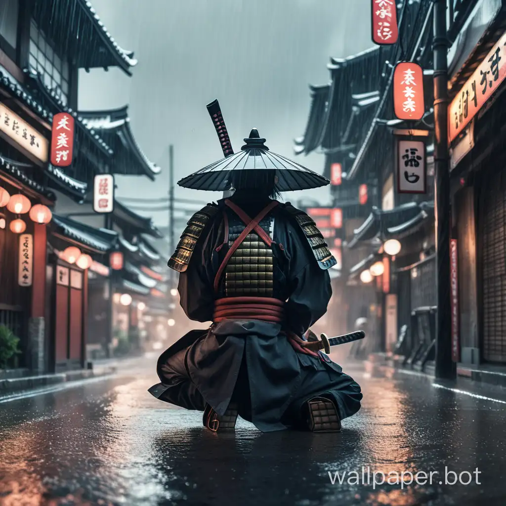 PC wallpaper, samurai facing away, armored with katana in his hands, it's male, he is in the middle of the city during rain, he is praying on his knees