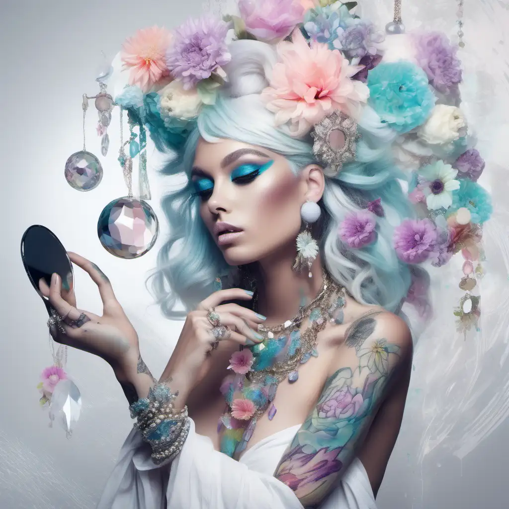 abstract exotic white model with pastel flowers that bleed into her hair, holding a mirror {big Jewelry{she has soft tattoos on her arms and shoulders} {3 crystal balls fly around her}.  copy and same colors
