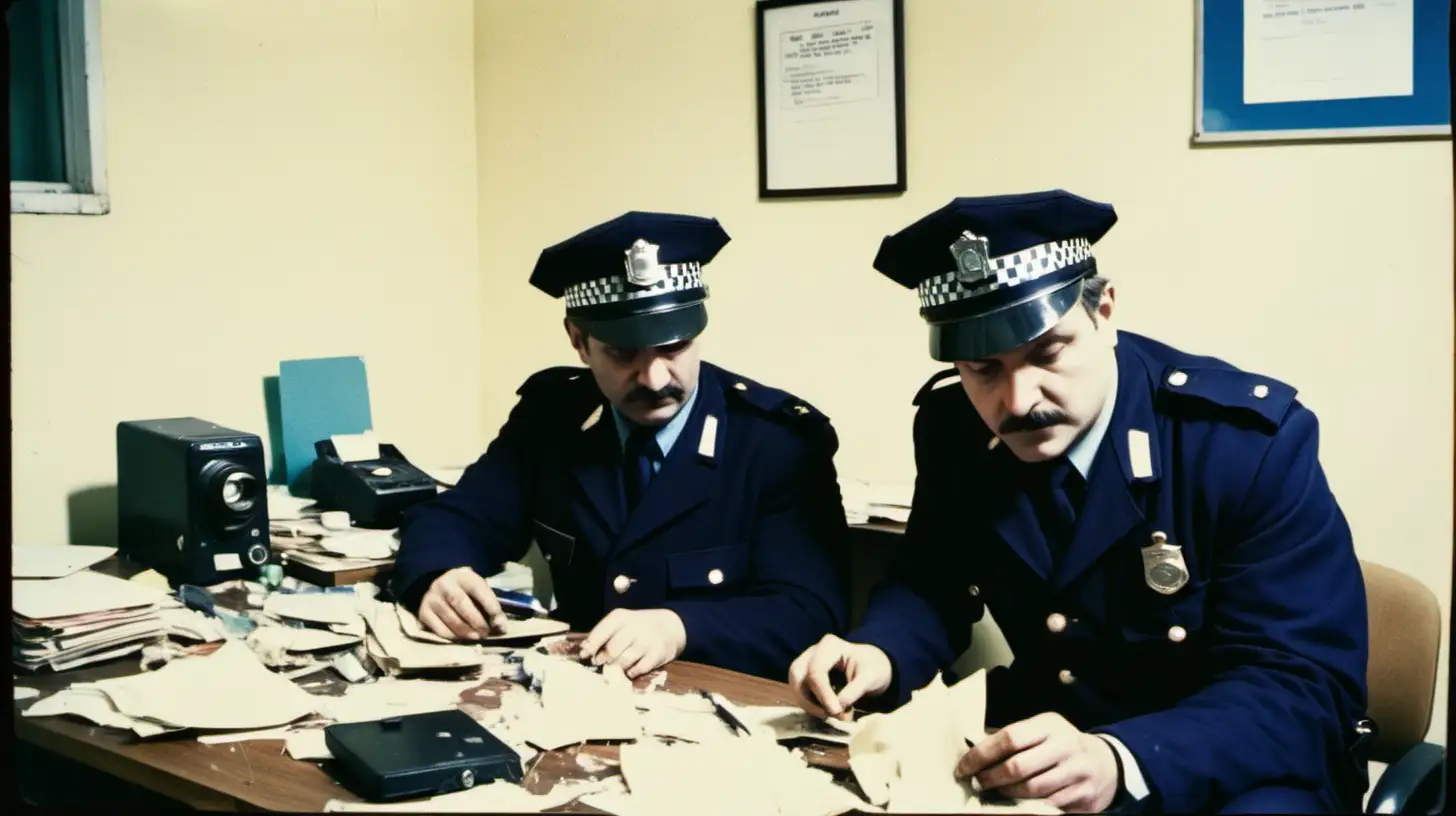 two policemen,  sitting at a desk in a 
very messy dirty and busy police station.

vintage look 16mm film

they are sorting photos from a speed camera