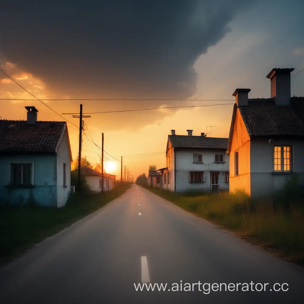 Deserted-Village-Road-at-Sunset-with-Glowing-House-Lights