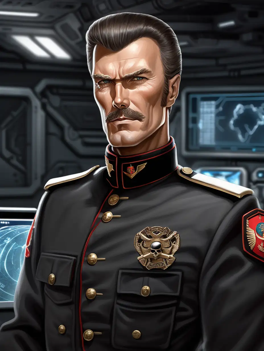 Sci-fi Commissar man. He looks like young Clint Eastwood with a full mustache and stubble. His uniform is mostly matte black. His uniform is inspired by the USMC officer dress black uniform. Background is a sci-fi command center.