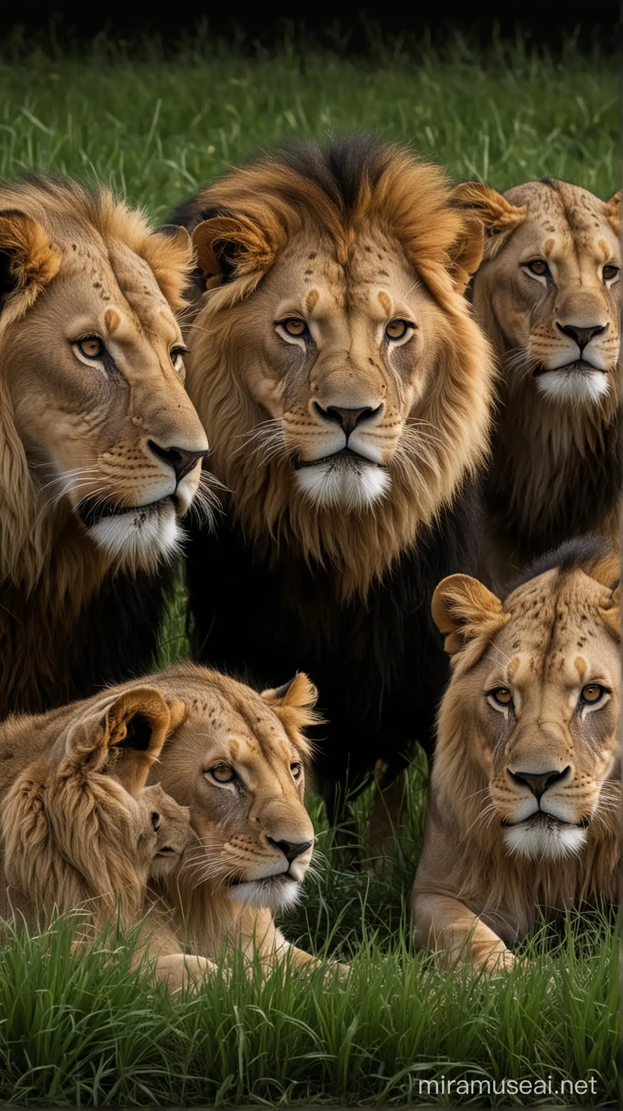 Pride of Lions Camouflaged in Tall Grass against Dark Background