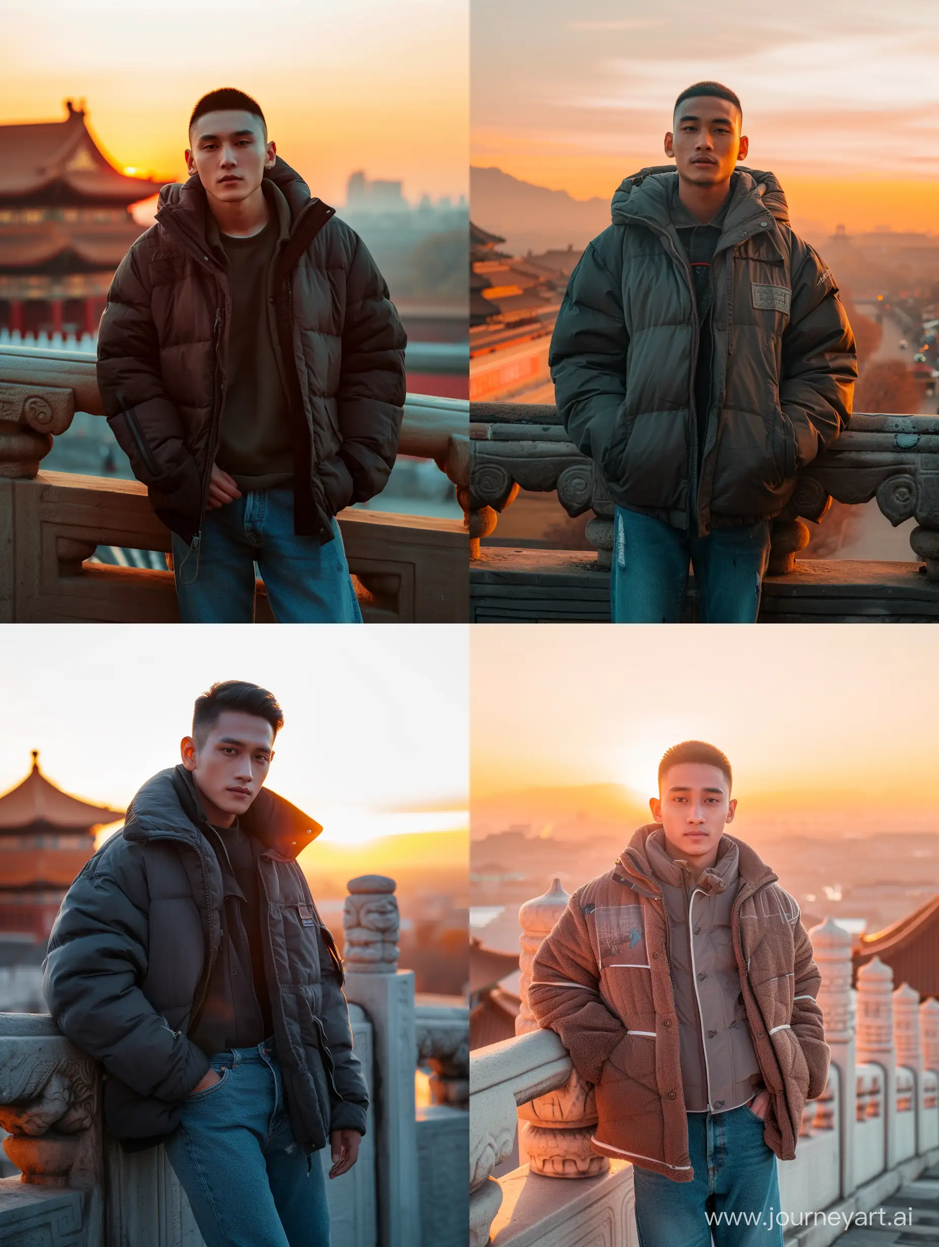 Javanese Indonesian man (25 years old, oval and clean face, ideal body, Indonesian-style skin, wearing a thick winter jacket, jeans) standing posing like a model on a Chinese wall, front facing photo, his face is visible, sunset view. ultra HD, real photo, very detailed, very sharp, 18mm lens, realistic, photography, leica camera