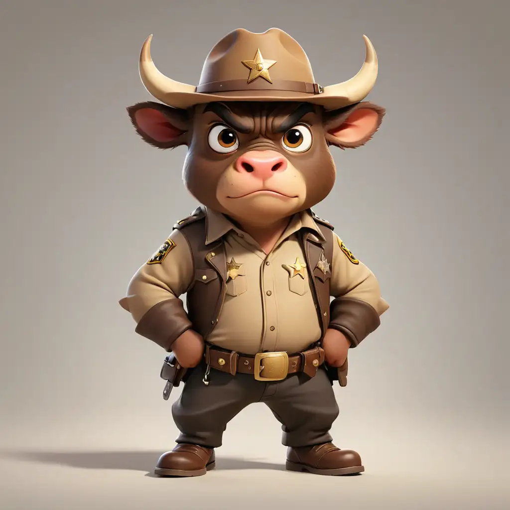 a bull, cartoon style, full body, big eyes, Sheriff clothes, clear background