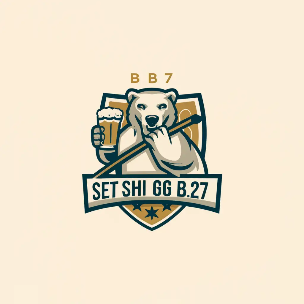 a logo design, with the text 'SHG B27', main symbol: polar bear, ice hockey stick, beer, clear background, background mixed with blue, white and red
