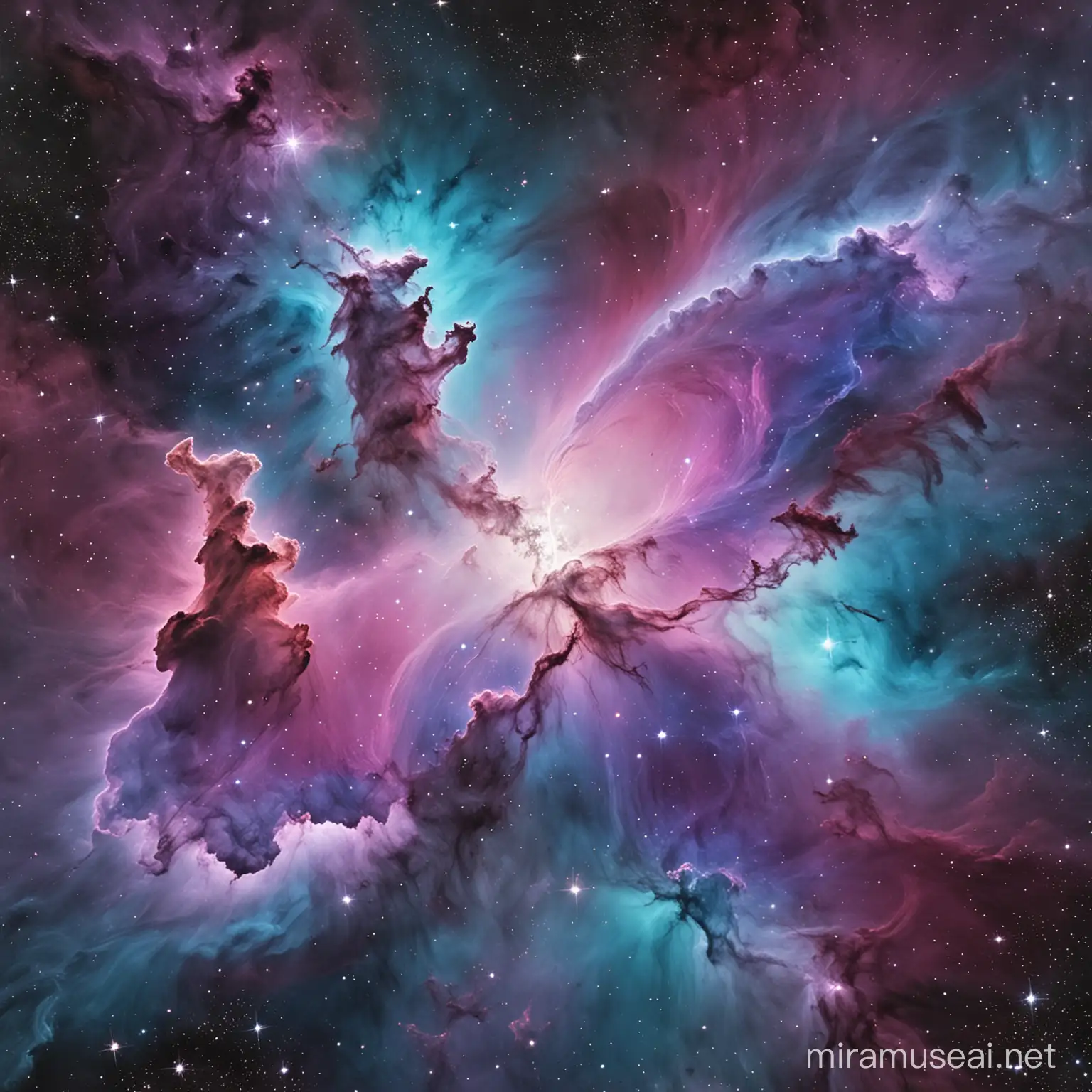 Create a nebula with primary colors purple, teal and a little bit of white and pink