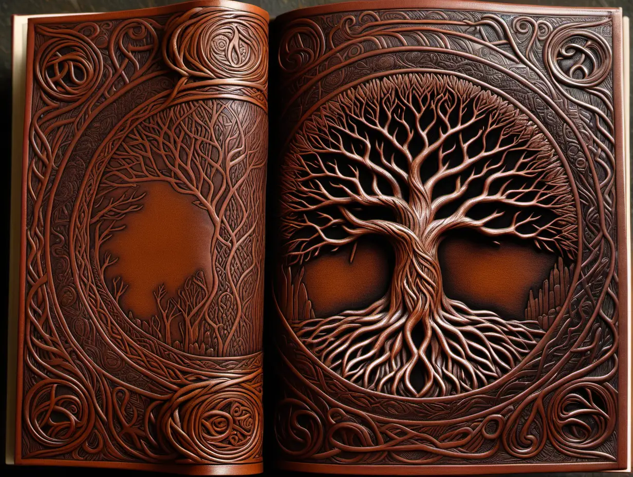 front aligned view of the narrow border of small designs on a blank book covered in leather in the theme "yggdrasil"