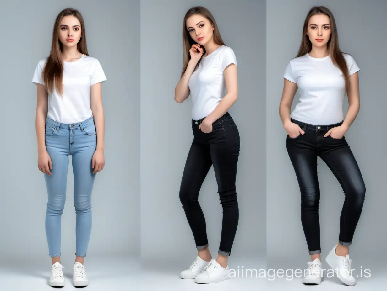 2 photos in one. Realistic girl in a white T-shirt and white sneakers. The girl is wearing jeans. In the left photo these are light blue jeans, in the right photo they are black jeans. Stands against a light background, like a professional photo shoot