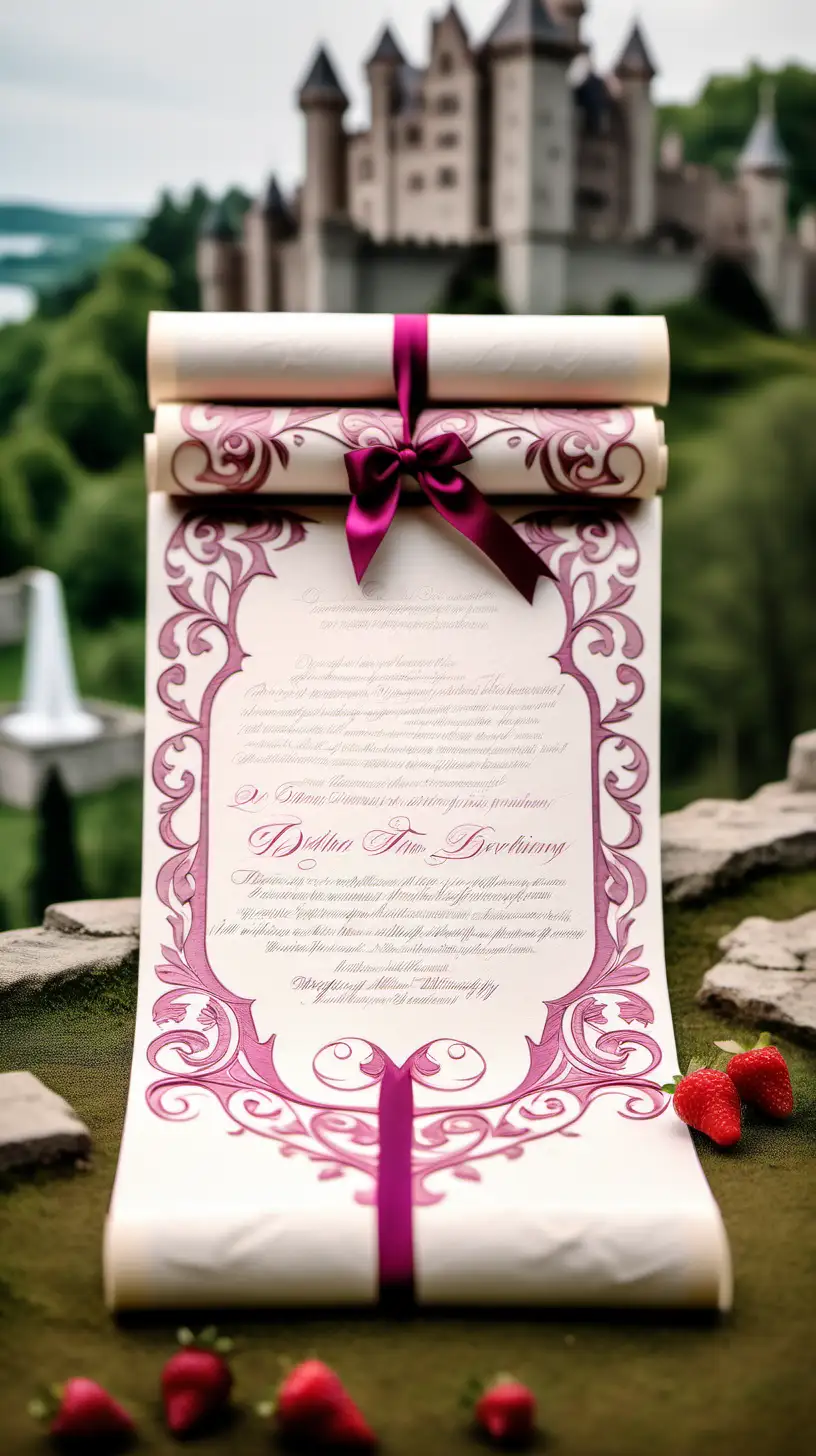  unrolled scroll with  Berry Colored writing as a Wedding Invitation  written on the scroll. Gorgeous castle scene in the background
