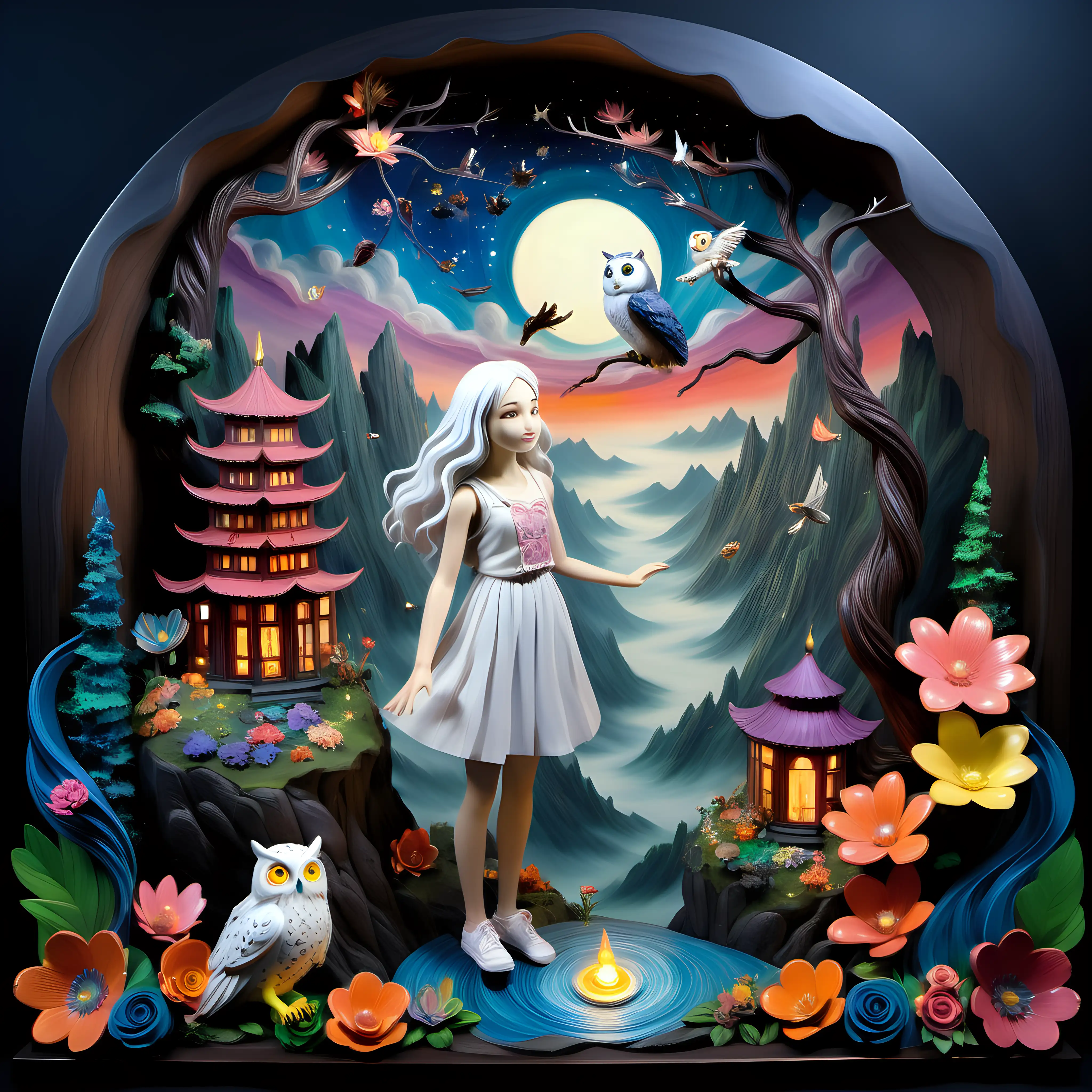 DIORAMA, ghibli inspired painting of beautiful enchanting slender, white-haired, wavy, 18 YEAR OLD girl who shape-shifts into an owl, owl princess, playing with a big colorful owl in an enchanted forest skyline, flowers, fireflies and moonlight, sea of clouds, mountain, temple, colorful, cliff
