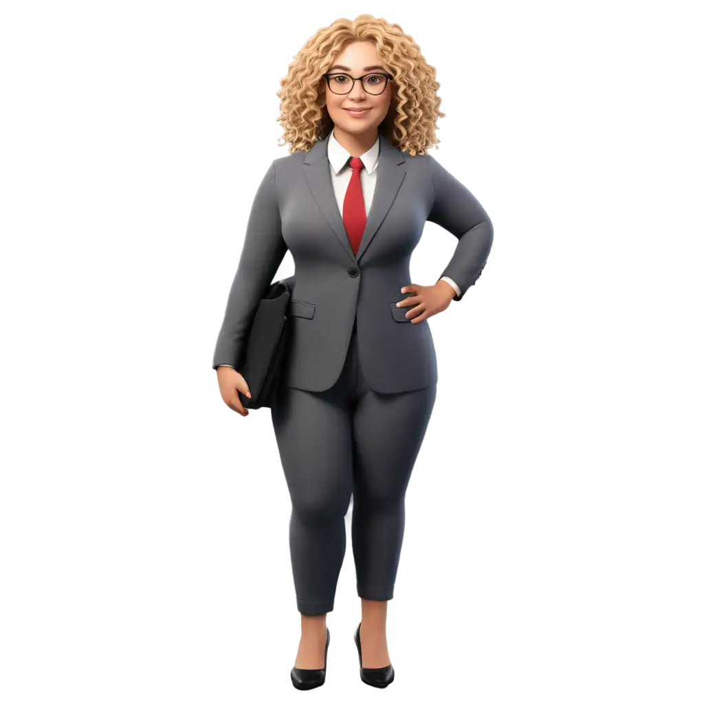 The image should be simple and compact to use to create an iconic 3D avatar female about 40 fat body build wearing business suit with shoulder  length curly blonde hair Kara wearing glasses