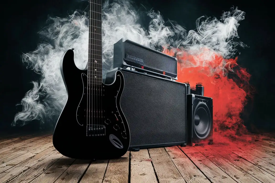 Dynamic Rock Party Photo Collage with Electric Guitar Silhouettes