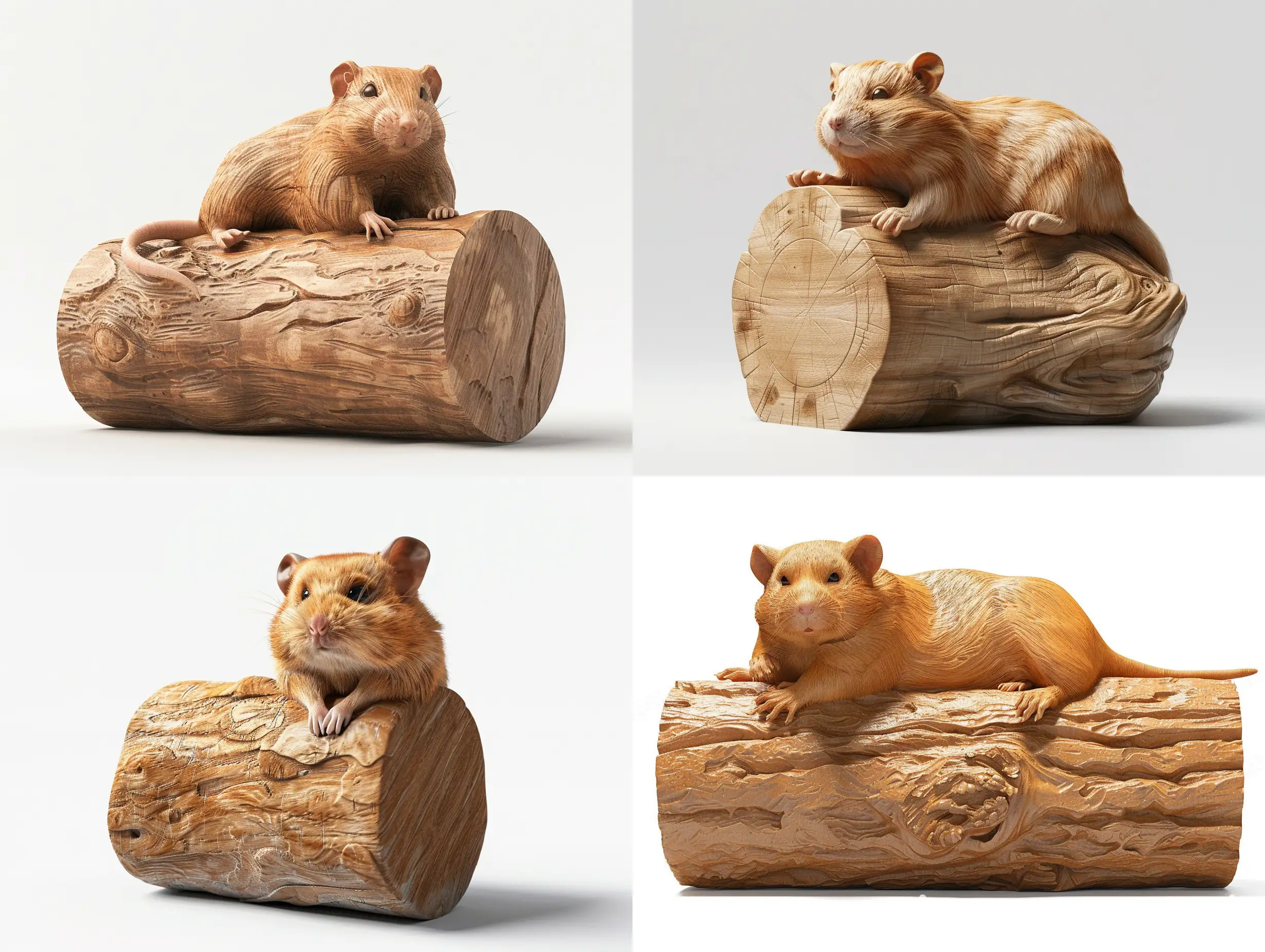 Professional sketch for wooden sculpture, a full-length a hamster resting on a cylinder full-face and in profile, professional dynamic character, wood carving, white background, 8k Render, ultra realistic