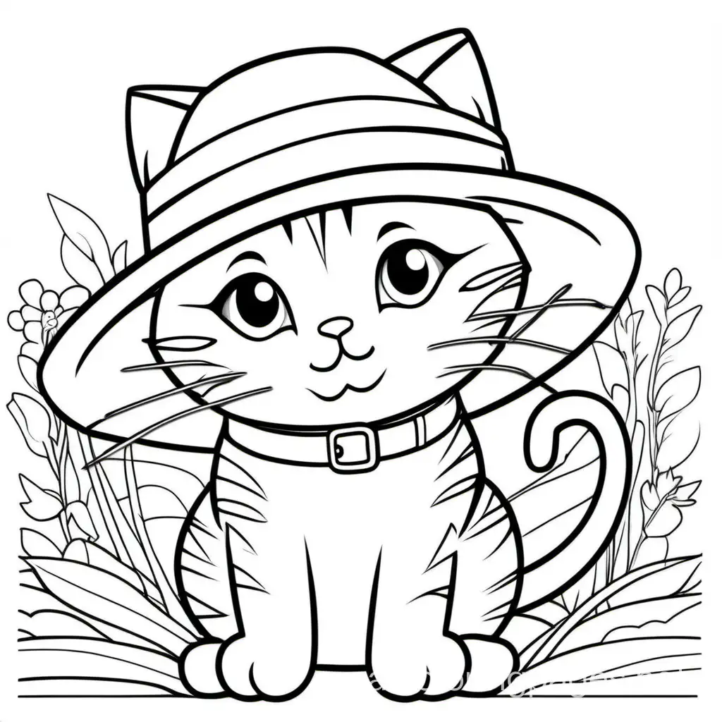 cat wearing hat, Coloring Page, black and white, line art, white background, Simplicity, Ample White Space. The background of the coloring page is plain white to make it easy for young children to color within the lines. The outlines of all the subjects are easy to distinguish, making it simple for kids to color without too much difficulty