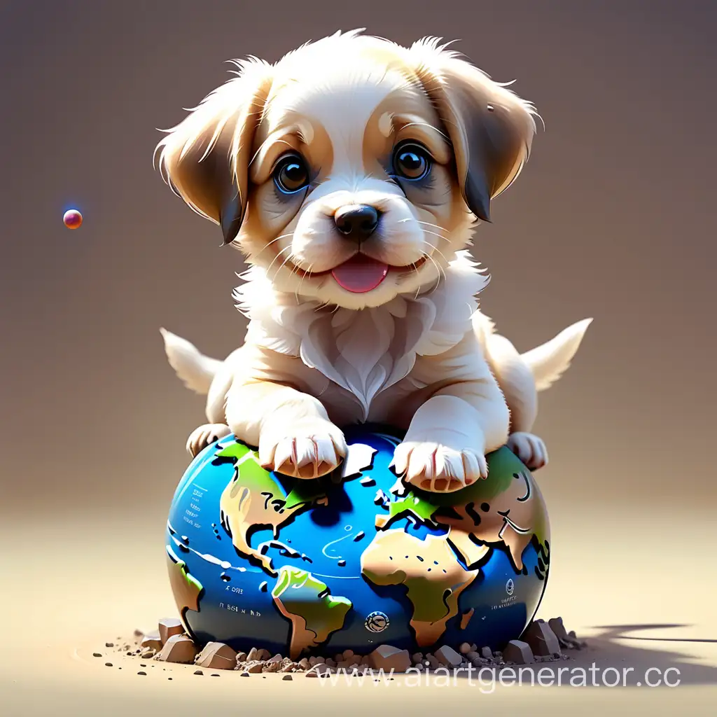 Adorable-Puppy-Sitting-on-Miniature-Planet