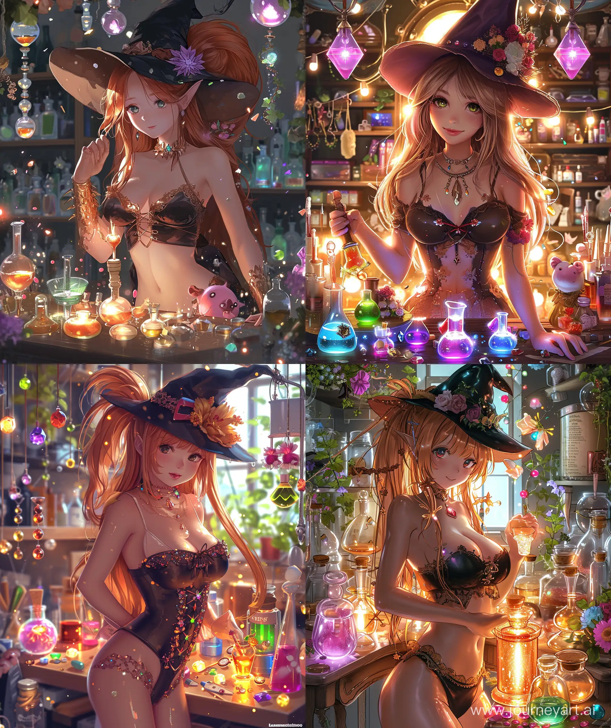 Beautiful anime style witch woman , fairy tail lab, many glowing potion, laminating light, glossy upper body, making potion, doll face, witch hat, gems and flower around potion desk, piggy tail hair , cute and curious , --ar 27:32 --v 6.0