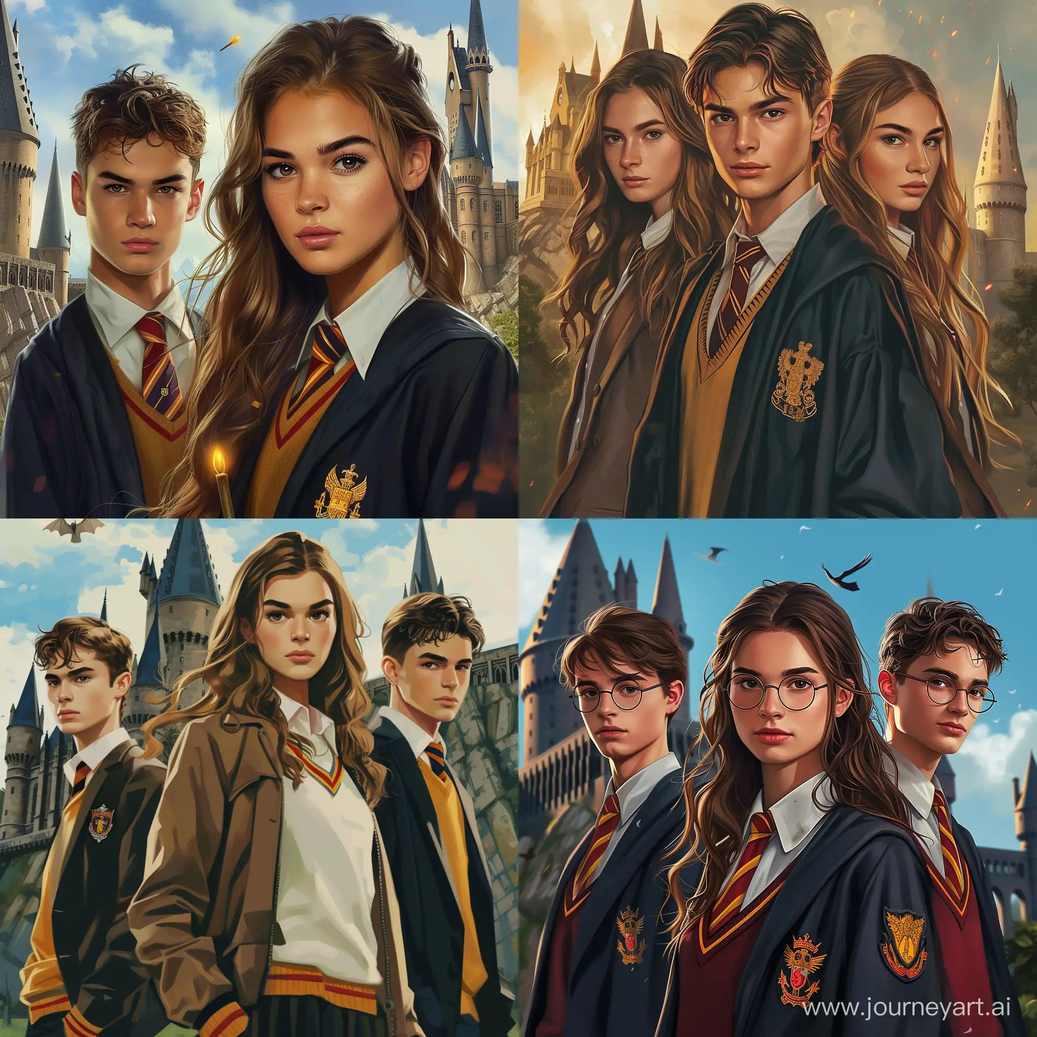 Jordan Barrett, Timothy Shalome, Odeya Rush, teenagers, 15 years old, castle, modern, students Hogwarts, high quality, high detail, cartoon art