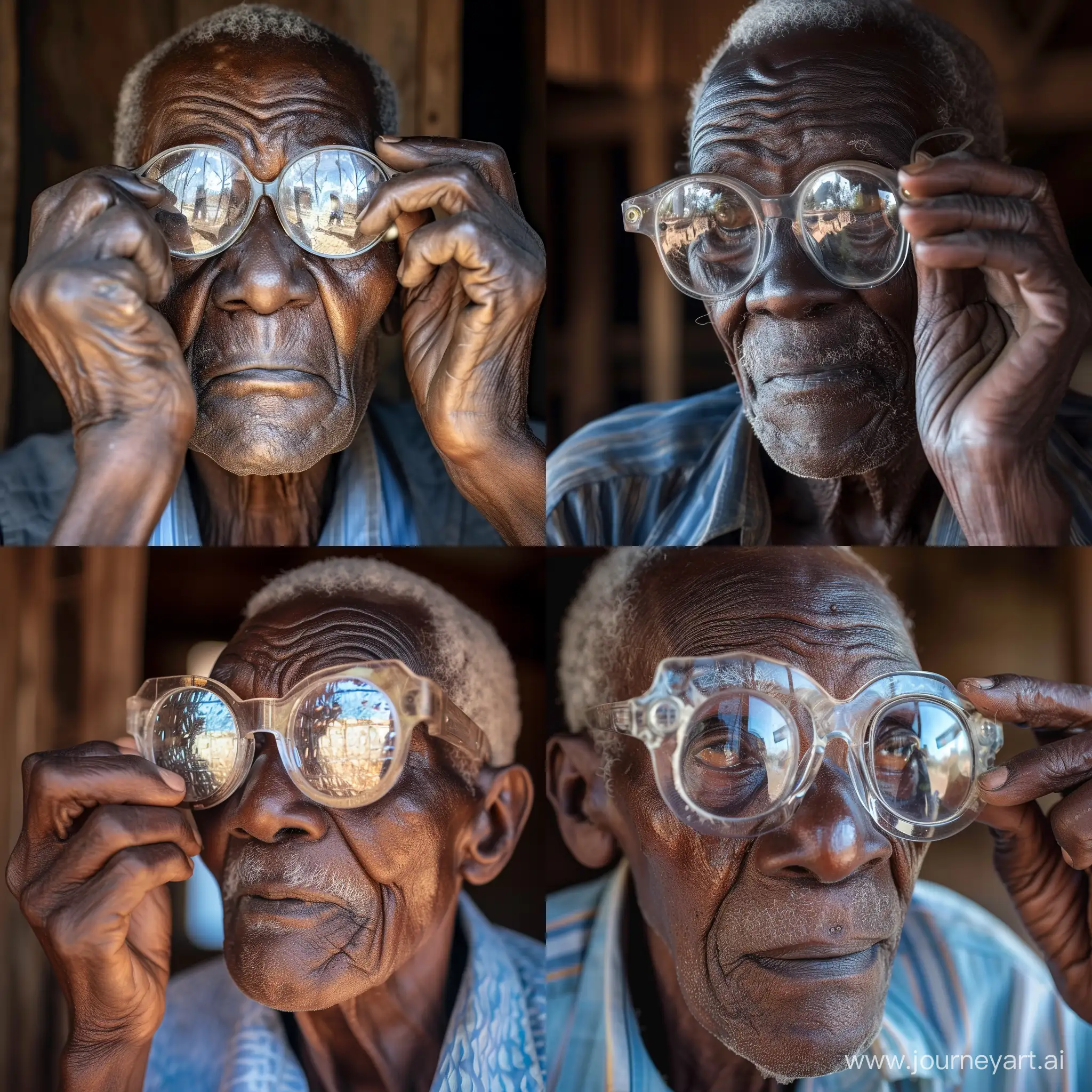 Old African man adjusting his old clear and reflective reading glasses.