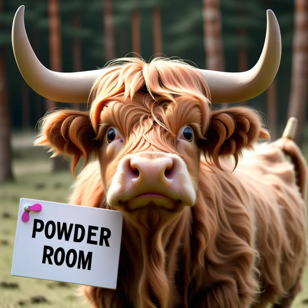 A highland cow holding a sign --write "powder room"
