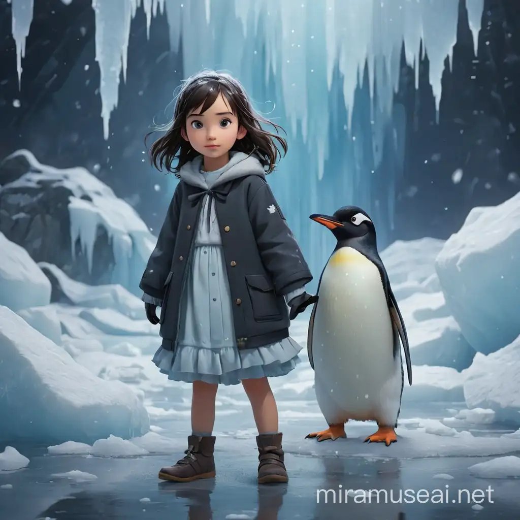 Girl Playing with Penguin on an Icy Landscape