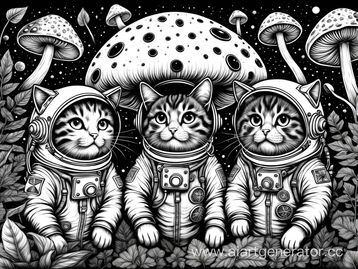 Коты космонавты грибы, разрисовка антистресс, чёрно белый детализированный рисунок
