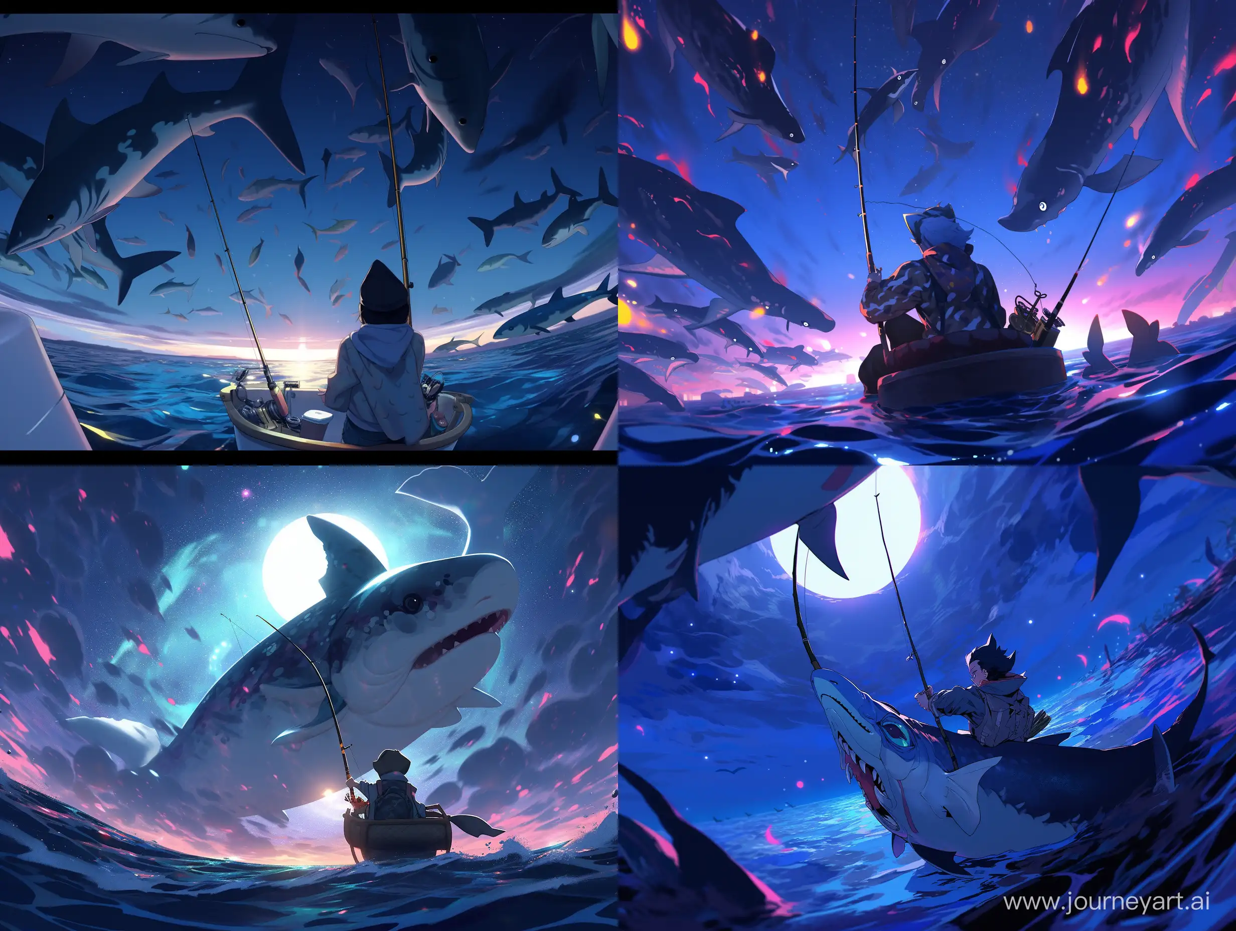 first person perspective, while fishing in the ocean at night and reeling in a dolphin, epic, --niji 5
