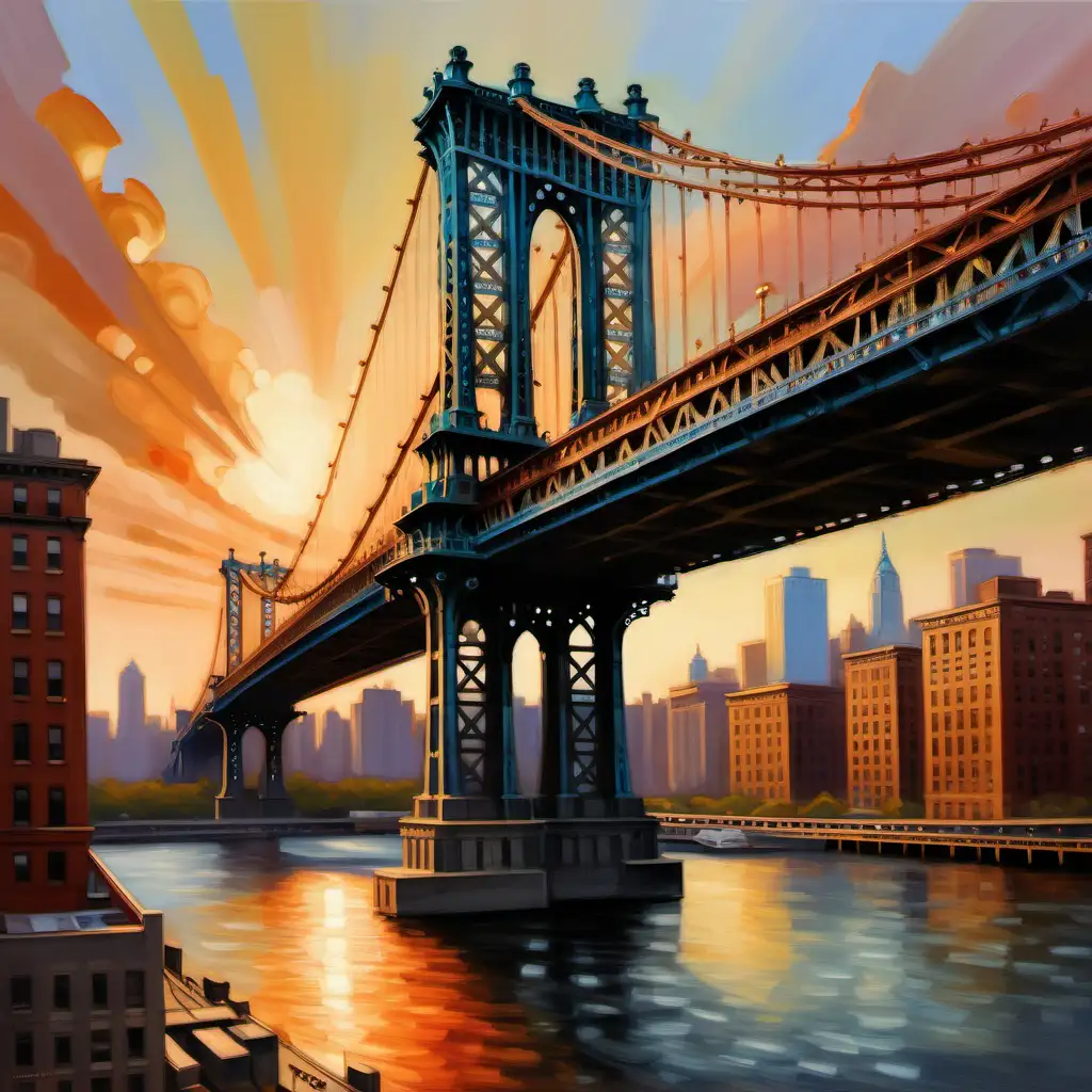 /imagine prompt: An oil painting of the Manhattan Bridge, captured in the golden hour with warm, vibrant colors. The bridge's intricate structure contrasts with the soft, glowing sky and the distant cityscape. Created Using: Oil on canvas, impressionist style, warm color palette, golden hour lighting, textured brushstrokes, focus on architectural details, atmospheric perspective, --ar 3:2 --v 6.0