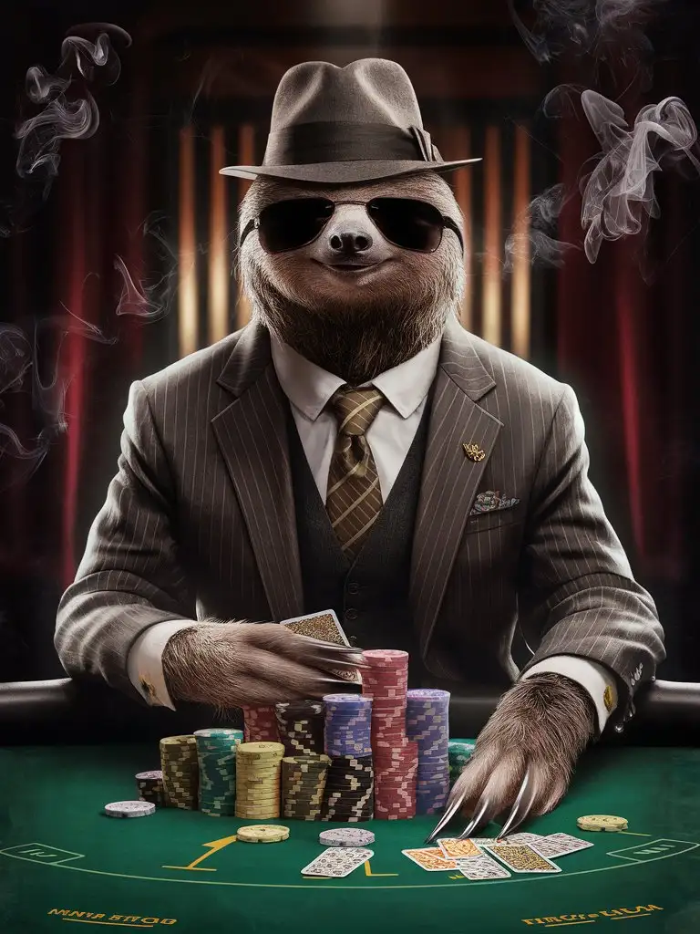 Sloth-Playing-Poker-with-Human-Body-Surreal-Wildlife-Card-Game-Art