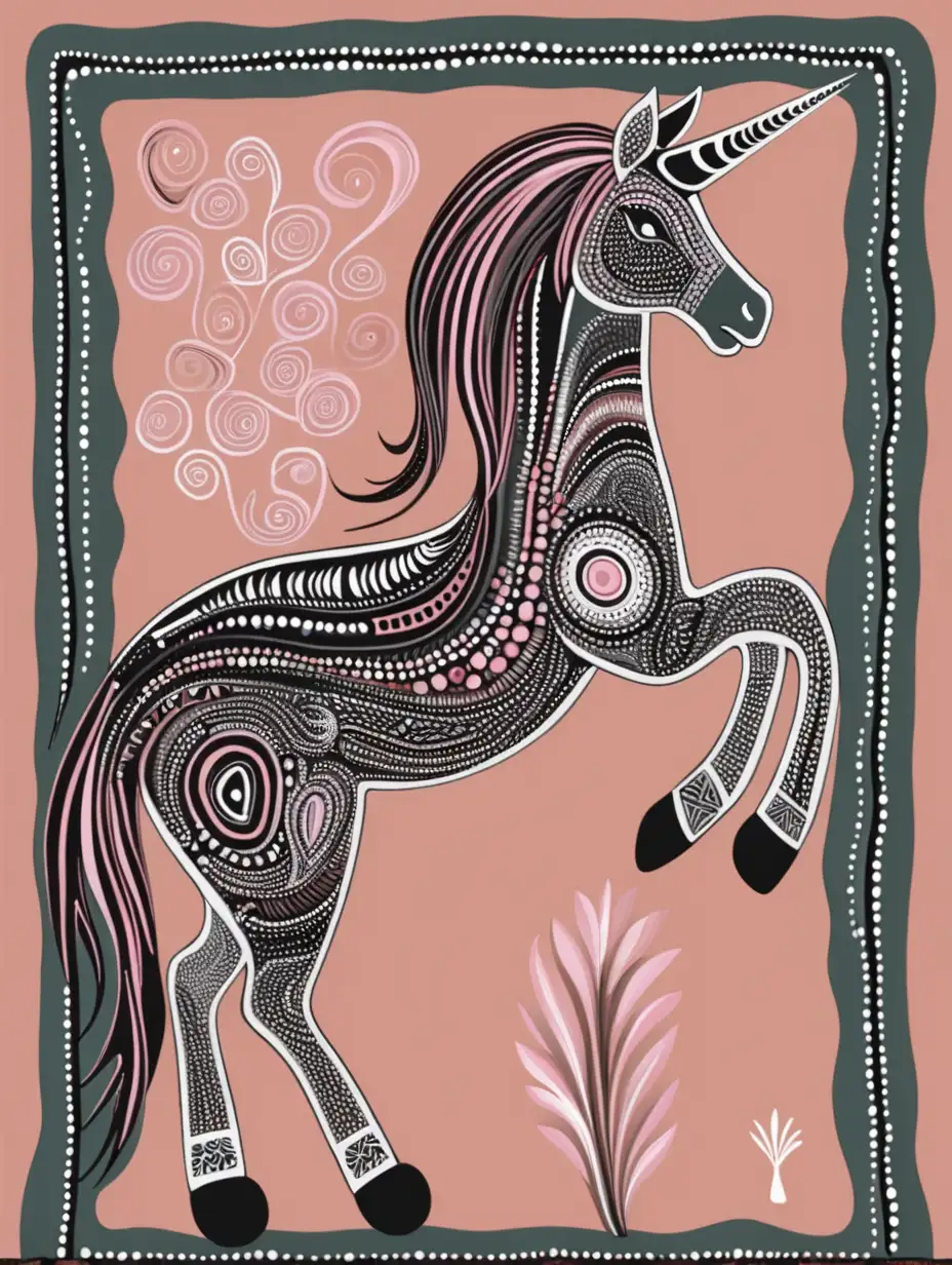 australian traditional aboriginal art with a unicorn in pink terracotta, dark green, black, white, light grey

