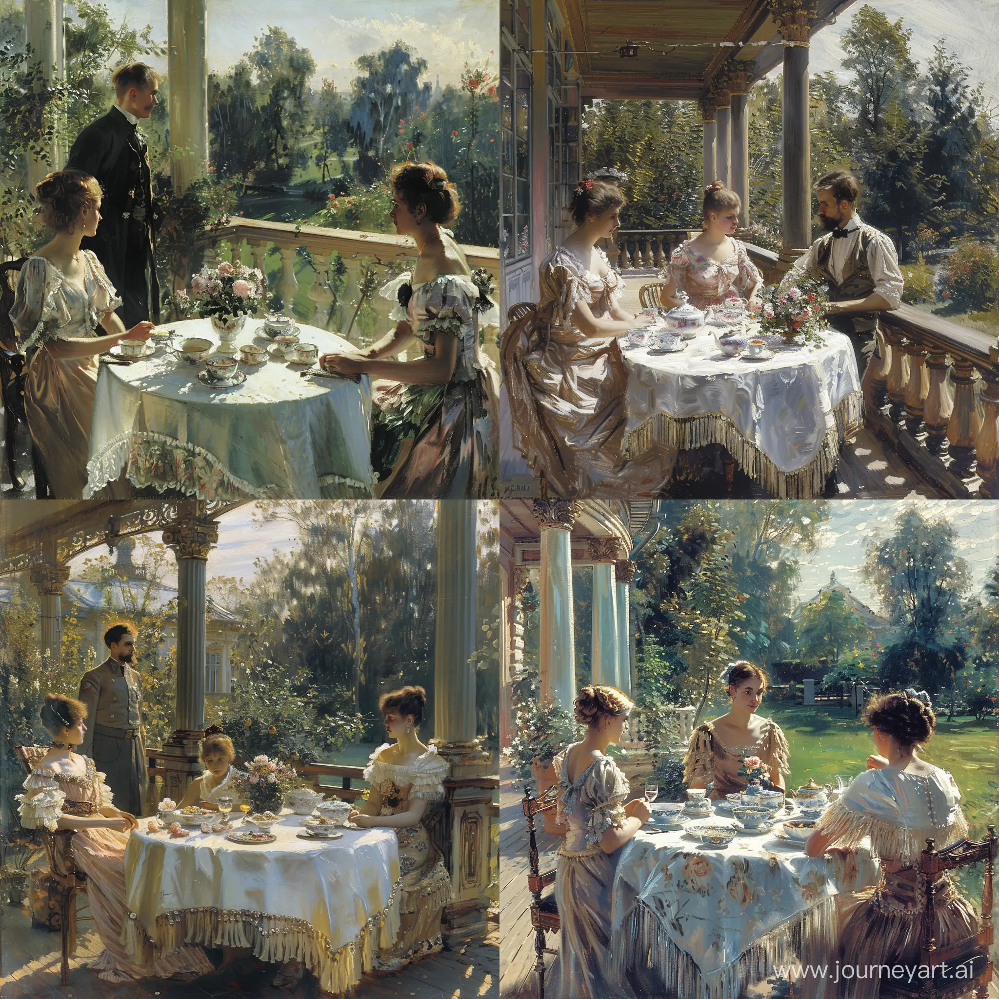 Impressionist style art. 19th century scene in the Russian Empire.  Early morning, on the veranda of a manor house, a noble family is having breakfast. Two women in simple tasseled dresses and a tall man sit at the table. On the table white tablecloth, porcelain dishes, flowers. Around the garden.