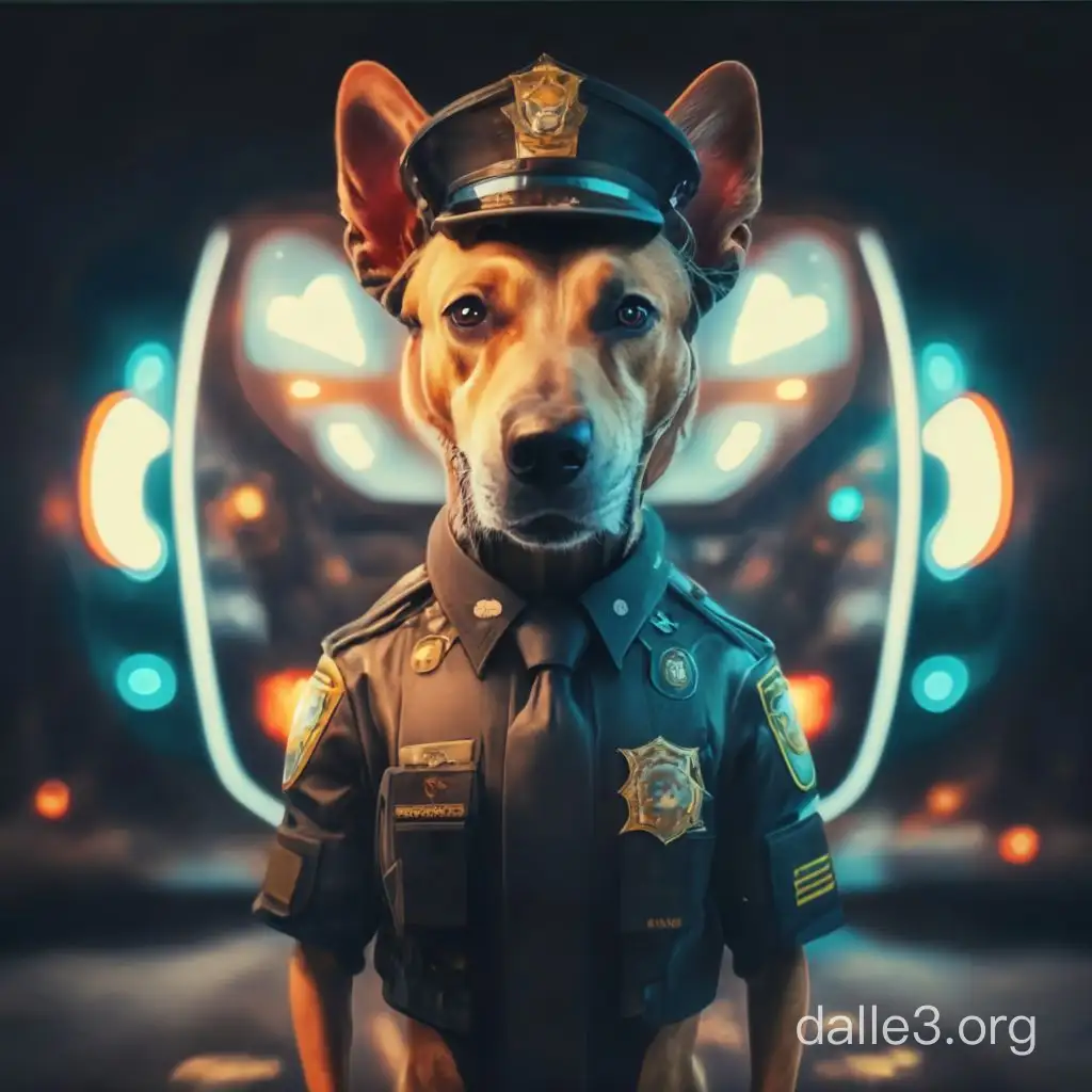 Caramel Dog in Police Uniform Vaporwave WideAngle Scene | Dalle3 AI