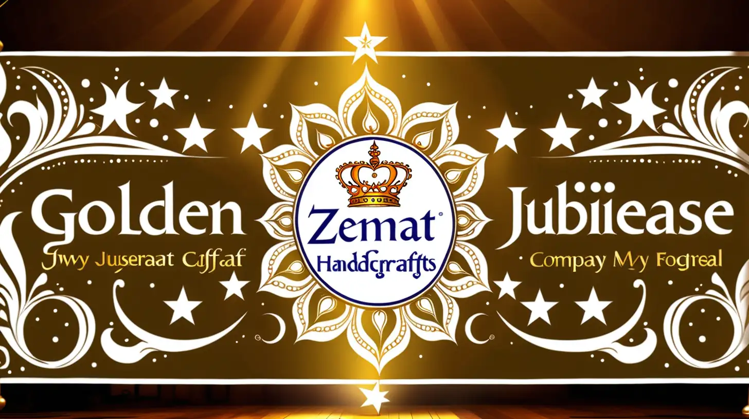 Generate a golden jubilee banner of my company Zeenat Handicrafts to be projected in a five star hotel for my foreign deligation and generate images of banners and theme ?