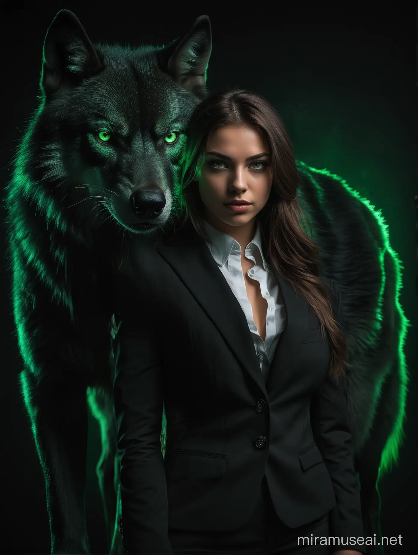 A hot beautiful young lady in a black fitted suit and green glowing eyes, standing close to a large green fearsome wolf, with a deep black wall behind them.