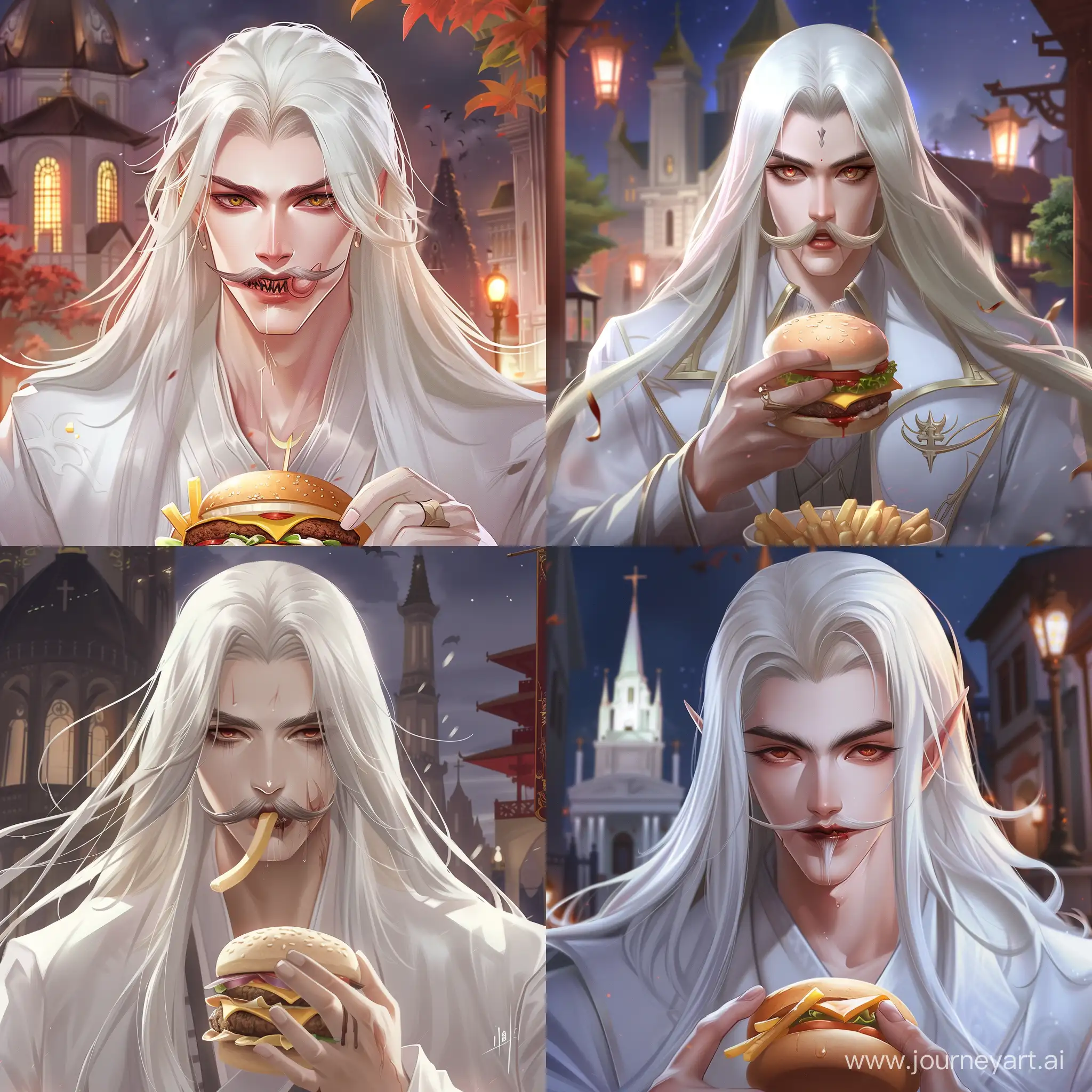 An elegant, but dangerous vampire lord. He has long, straight, white hair. In the artstyle of a chinese MMORPG. In the background is a church at night. He has a incredibly thick mustache, but still a cute face. His face has very soft East-Asian features. His clothing is completely white. He has a crazy expression, almost psychotic. His eyes are wide open. He is eating a cheeseburger with fries in a fast food chain. He is kinda a messy eater.