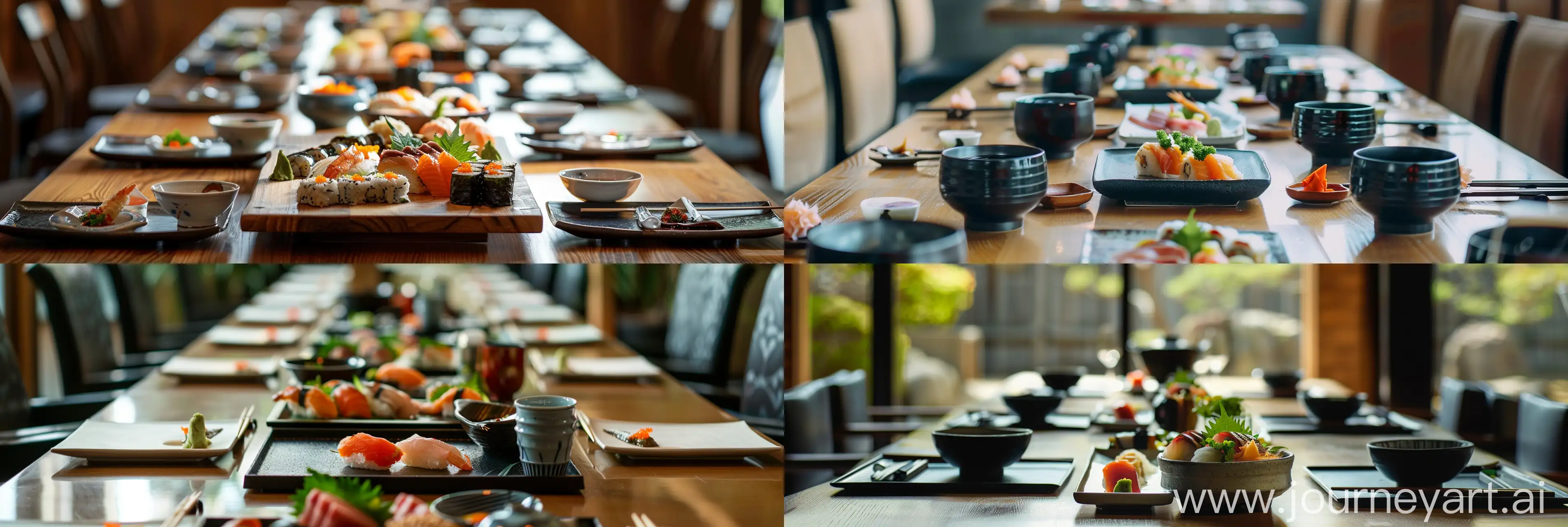  Knolling of japanese cuisine, professional food photography, on a long table, realistic, depth of field --ar 3:1